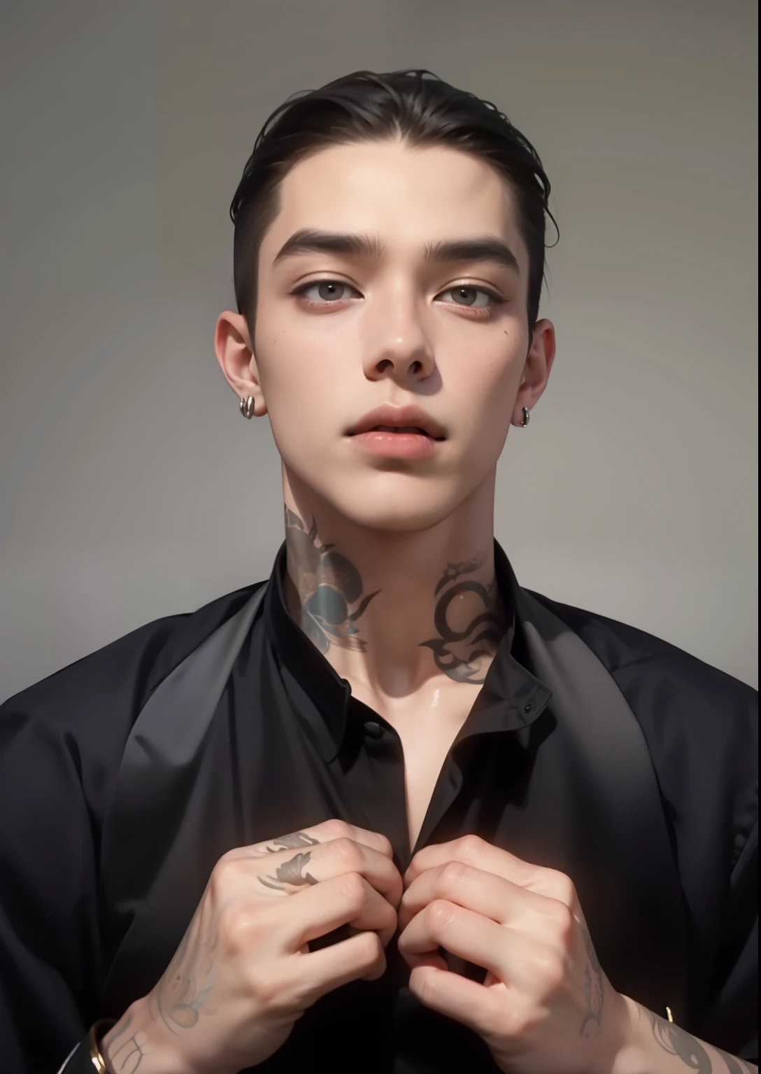 um close de uma pessoa vestindo uma camisa preta e gravata, estilo de seb mckinnon, androgynous person, Justin Sol, androgynous face, androgynous male, he has an elongated head shape, lindo chad queixo, Yanjun Chengt, androgynous, screenshot of youtube video, inspired by James Bolívar Manson, kai, 1timkai, timkai, tim kai, face male korean