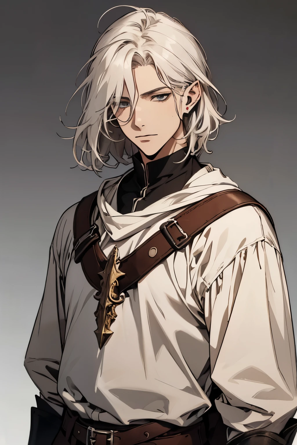 (excellent quality), (high resolution), (absurdreasterpiece) ((man)), (male), half elf, white hair, disheveled hair, ((paladin)), ((shirt, pants)), character looking at the camera, detailed face, ((medieval)), ((bang)), (((simple clothes))), portrait, small eyes, traveled warrior