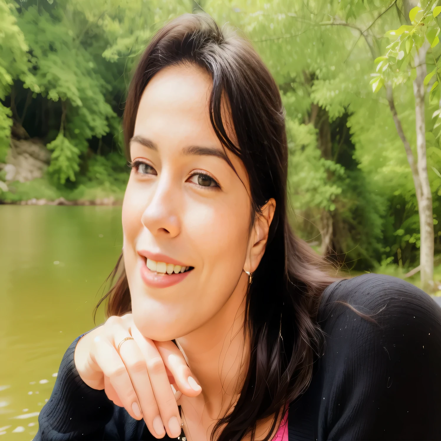smiling woman with hand on chin near a lake with trees, magalie villeneuve, sandra chevier, virginie ropars, véronique meignaud, fernanda suarez, by Nándor Katona, photo of jessica devic, carola rubio, meni chatzipanagiotou, diane ramic