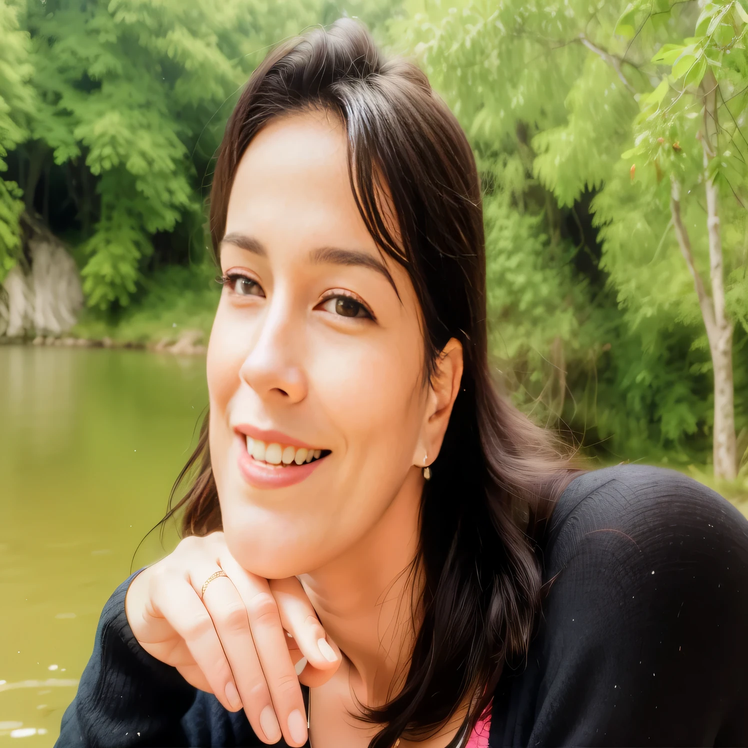 smiling woman with hand on chin near a lake with trees, magalie villeneuve, sandra chevier, virginie ropars, véronique meignaud, fernanda suarez, by Nándor Katona, photo of jessica devic, carola rubio, meni chatzipanagiotou, diane ramic