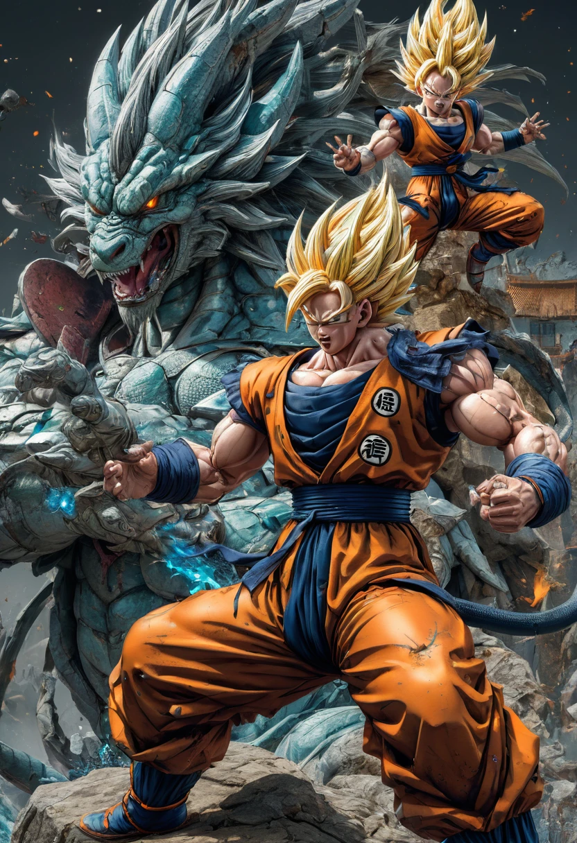 illustration, Dragonball, epic fighting, best quality, perfect masterpiece, Representative work, official art, Professional, high details, Ultra intricate detailed
