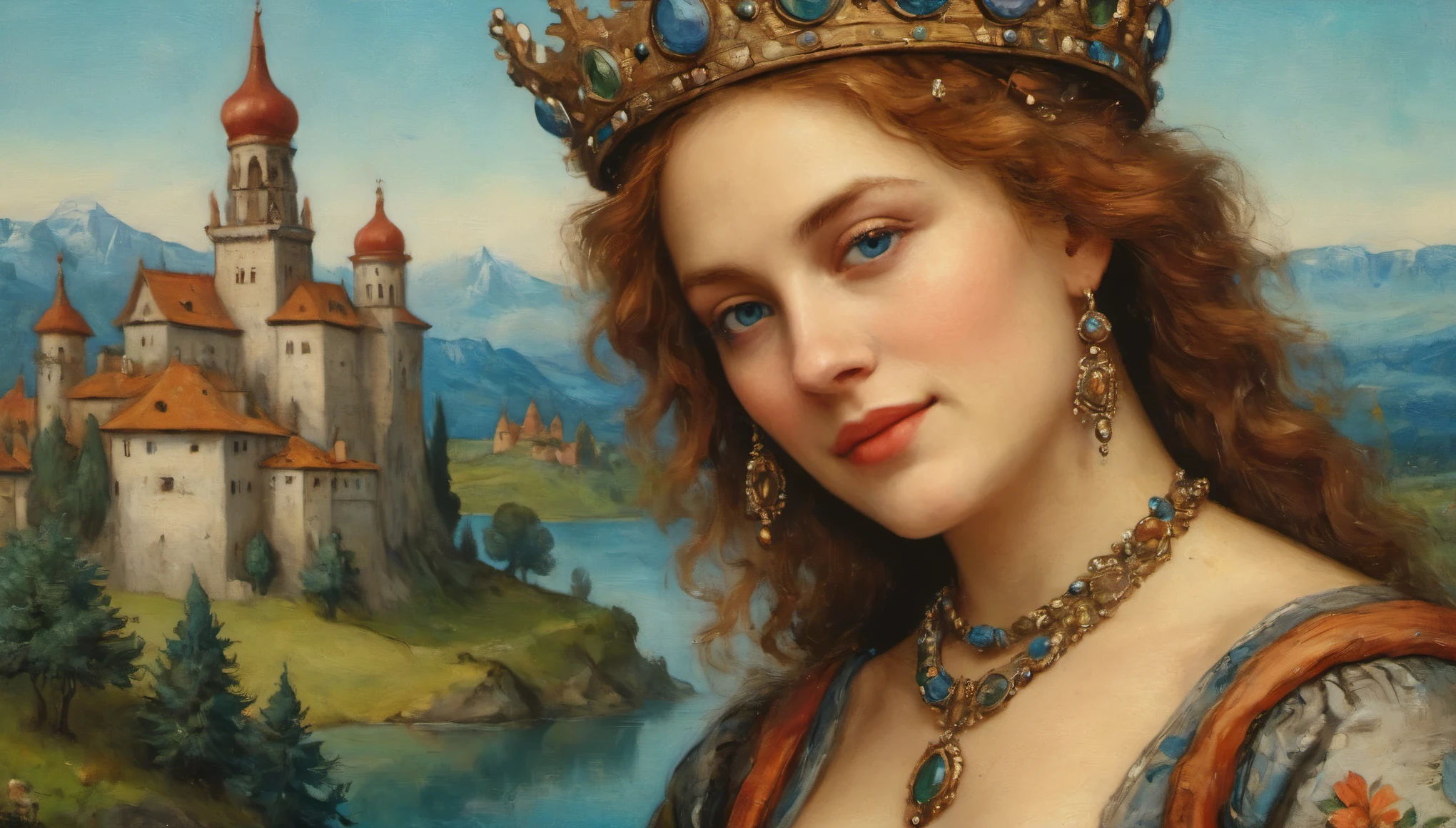 close-up of a beautiful female face, gorgeous eyes, intricate, cleavage, soft lips, smiling, naughty, seductive glance, freckles, crown, jewelry, created ((in the style of Albrecht Altdorfer)), Renaissance, pin-dot art,((oil painting knife)), rainessanse older gradient, Complex details, intricate, aesthetics, ((best quality, Masterpiece)),
((Highest detail), Octane rendering, 8K