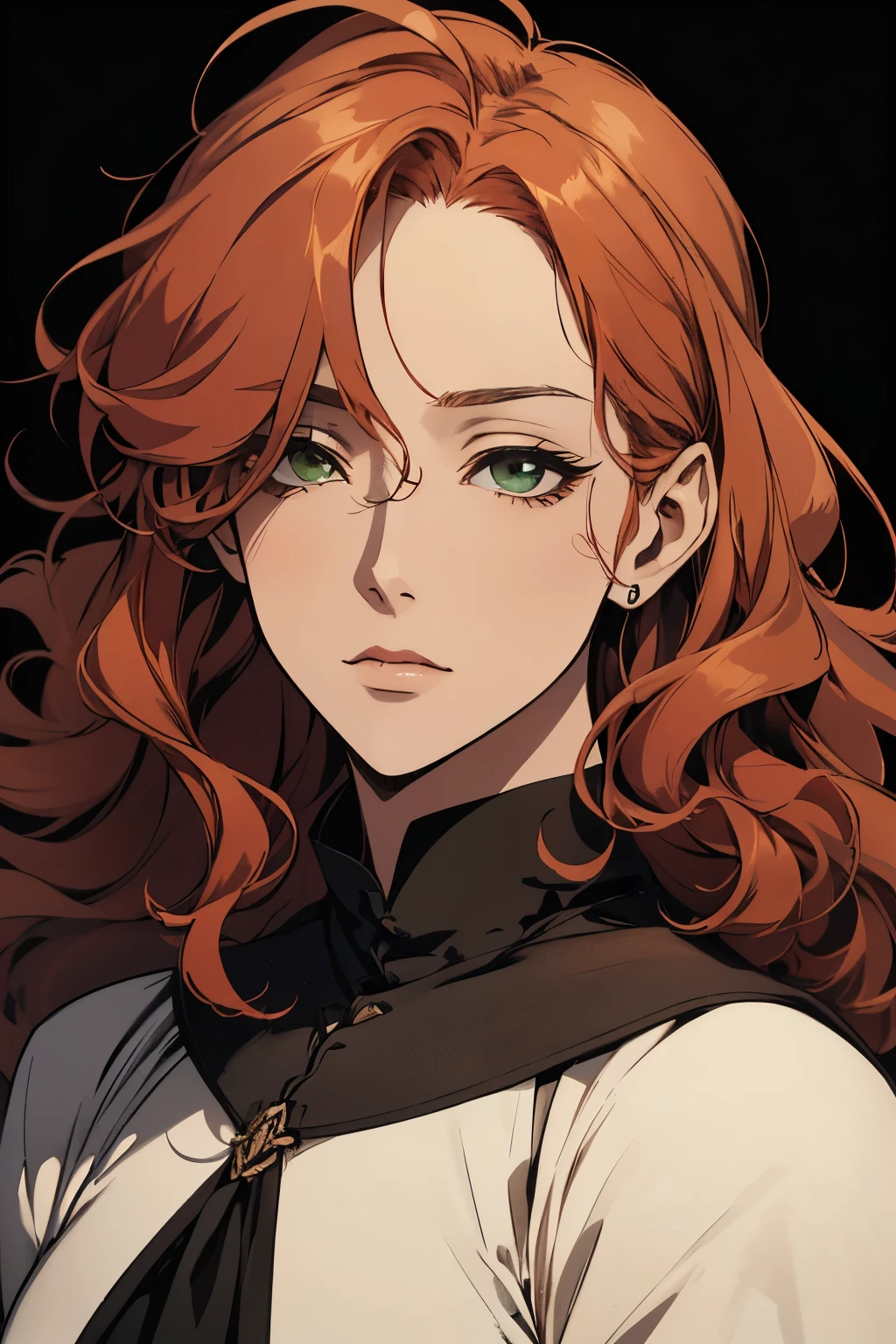 (excellent quality), (high resolution), (absurdreasterpiece), ((adult woman)), red hair, disheveled hair, curly long hair, ((writter)), character looking at the camera, detailed face, ((medieval)), ((bang)), (((simple clothes))), (portrait), (small eyes), green eyes, tanned skin