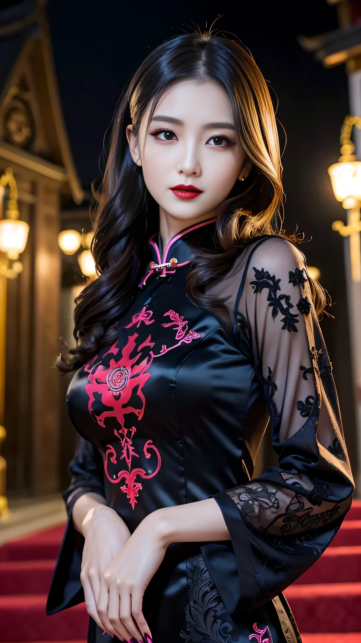 Super detailed、Japanese、charming beauty、seductive adult woman、Beautiful woman、sharp eyes、cool girl、wavy hair、long black cheongsam、wide sleeve、evilの幹部、evil depravity、brainwashing、Mind control、apply lipstick、grin、evilな表情、evil、empty eyes、evil、church at night、vampire、vampire、Hypnosia makeup brush