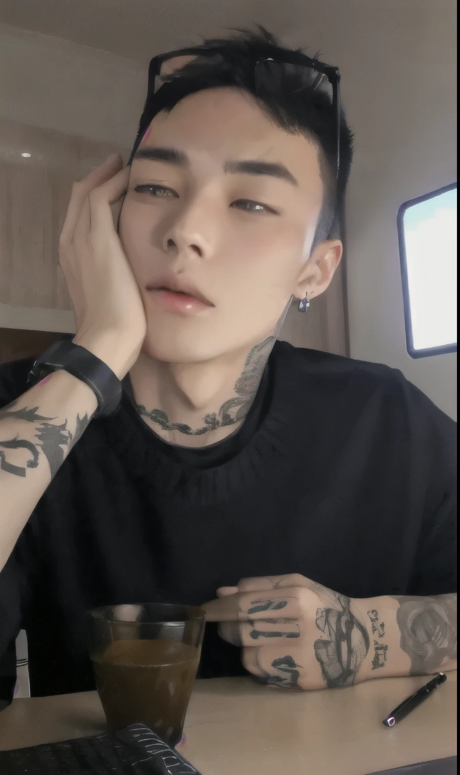 There is a man with a tattoo on his arm sitting in a car, Hong junho hyung, Longque Chen, Steve Zheng, taejune kim, lindo chad queixo, Cai Xukun, muito tempo, hyung tae, imagem de perfil, headshot imagem de perfilture, Pedro Xiao, estilo de seb mckinnon, bian luan, kanliu666