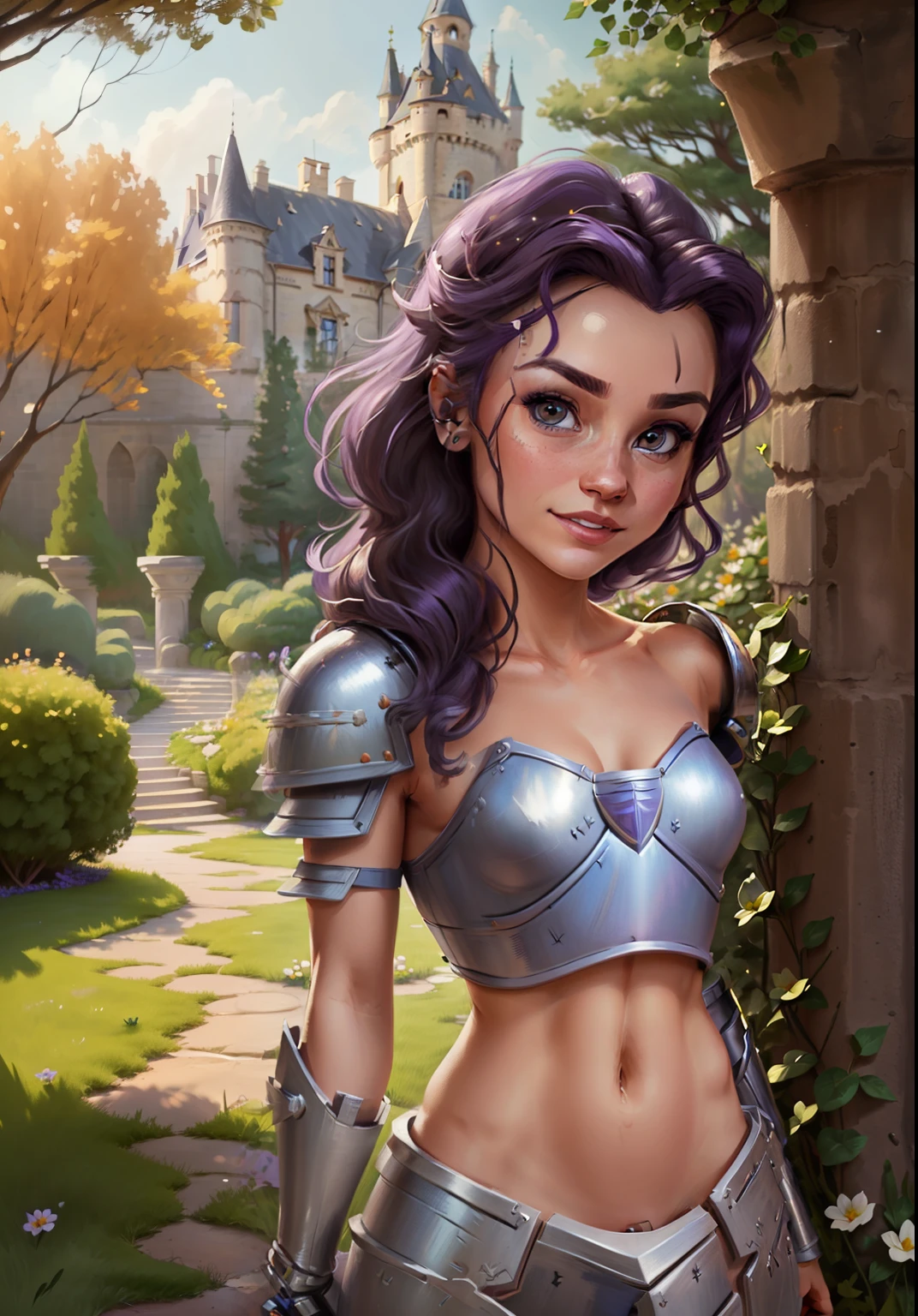 (BelleWaifu:1), (knight's armor:0.3), the garden in the background, surprised, cute, cute pose, (flirting), looking at the viewer, (square hairstyle), (purple hair), (metal knight crop top on naked body:1.6), :D, (realistic: 1), (cartoon), (masterpiece: 1.2), (best quality), (over-detailed), (8k, 4k, intricate), (full-length shot: 1), (cowboy shot: 1.2), (85mm), light particles, lighting, (very detailed: 1.2), (detailed face: 1), (gradients), sfw, colorful, (detailed eyes: 1.2), (detailed landscape, trees, garden, castle:1.2),(detailed background), detailed landscape, (dynamic angle:1.2), (dynamic pose:1.2), (rule third_composition:1.3), (line of action:1.2), wide view, daylight, solo