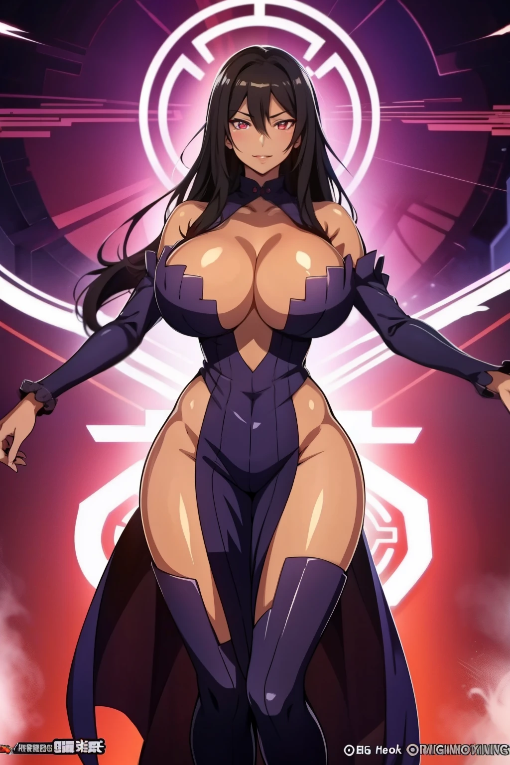 An anime-style artwork depicting Olga Discordia from the game kuroinu.
Tags: Olga Discordia, anime, detailed eyes, detailed lips, chinese dress, dark skin, smiling expression, intense gaze, glowing emblem on hand, dynamic pose, mystical background, vibrant colors, digital art, high-resolution, professional quality, gigantic breasts, cleavage, huge tits, fullbody.