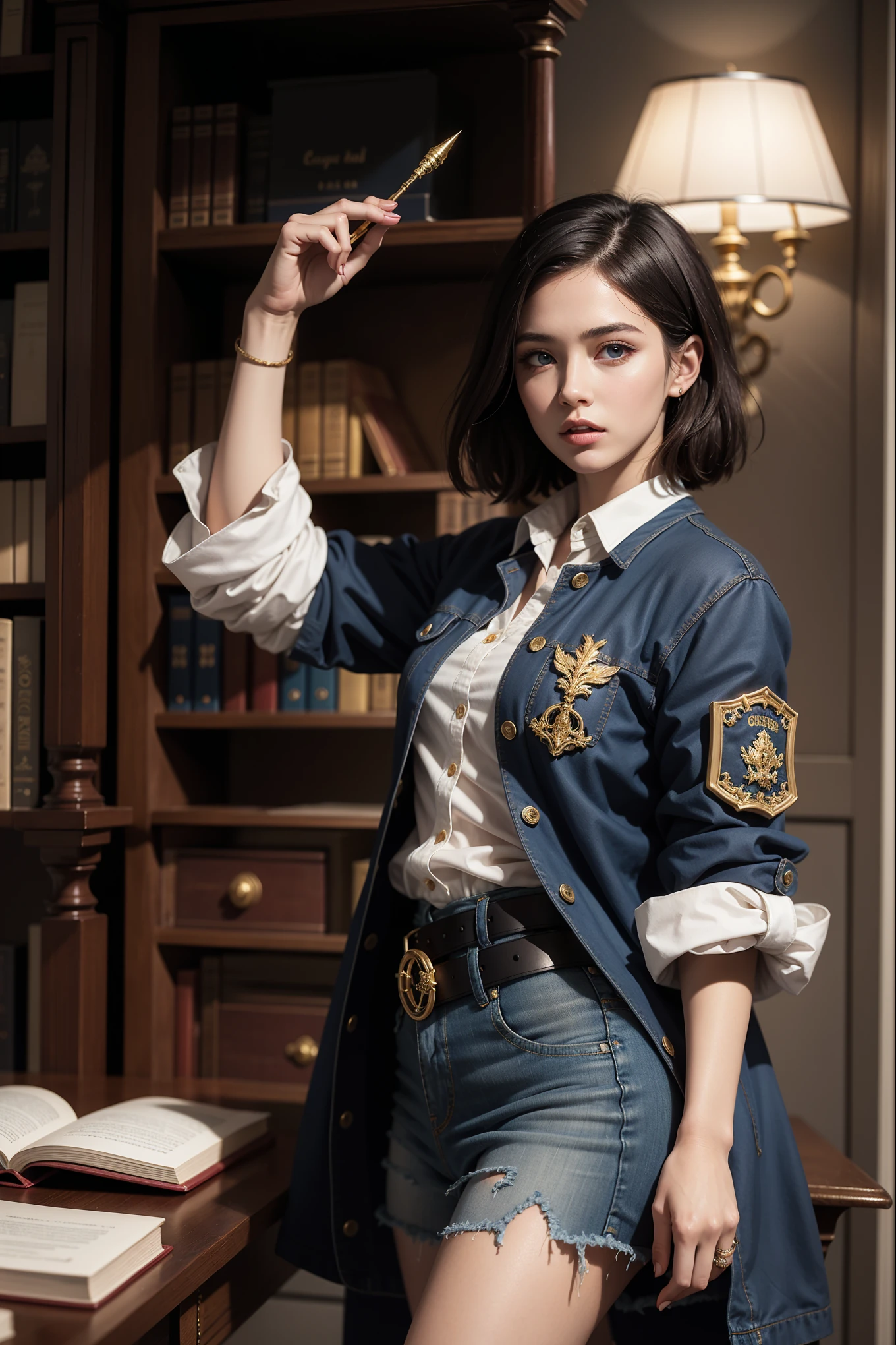 ((photorealism, high quality, detail, masterpiece, best quality:1.2)), (more than half of the body) A young beautiful girl (25 years old) (slender figure) from a fictional European medieval aristocracy, a student of the Academy of Magic, looks at us with angry eyes ... (she stands half-turned, hand raised), dressed in a student uniform, (dark blue) short jacket made of fabric ((gold trim, patch on the sleeve)), (blue) skirt, belt, white shirt, (black) (short hair)), blue eyes. Magical atmosphere, Magic Academy, ancient library, fantasy art, this work is done in very realistic colors.She is characterized by artistic expressiveness.