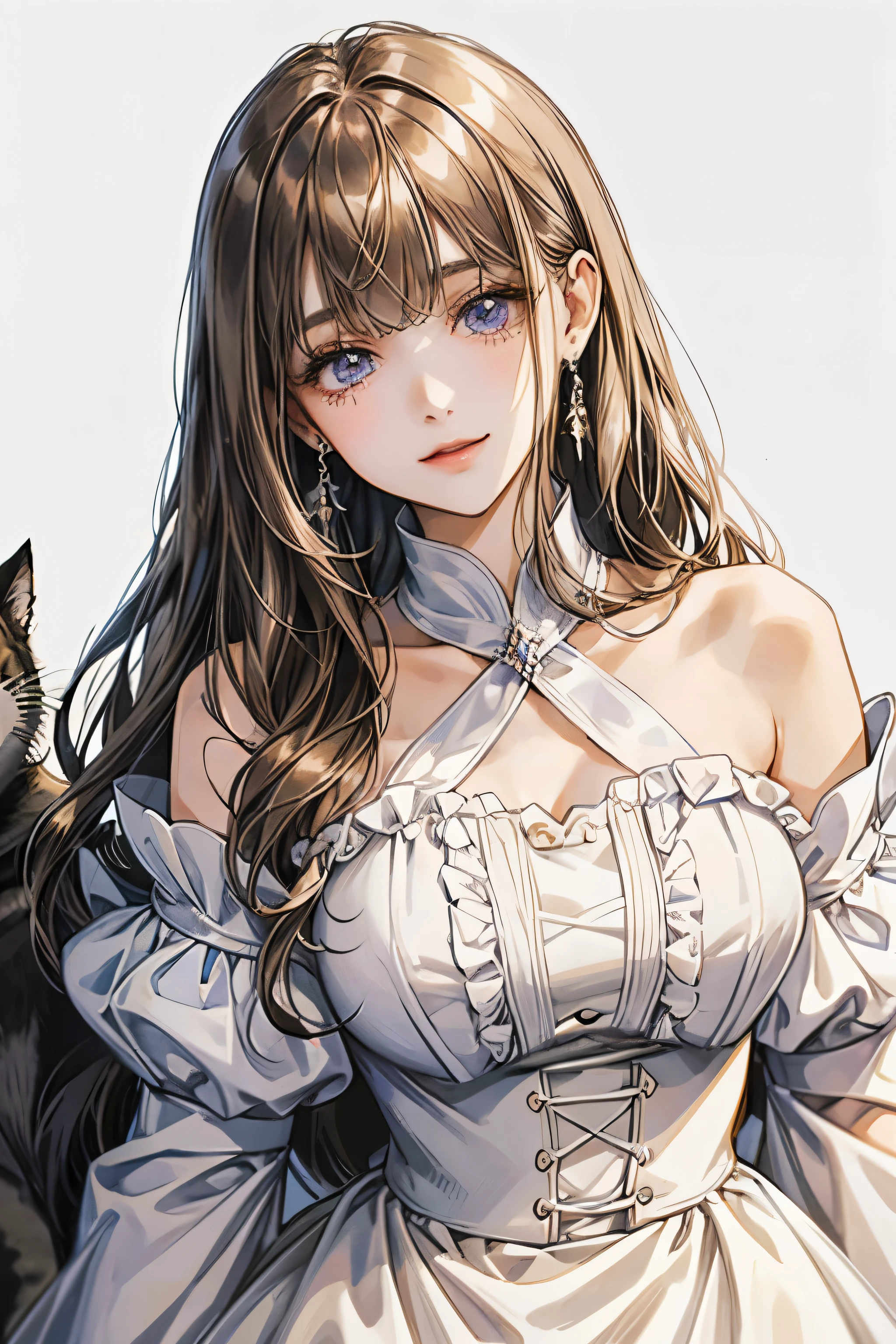 droopy eyes、smile、17 year old female、straight hair、((long hair girl))、Girl with bangs、detailed face、cute face、((best image quality))、mole、white dress、hair arrangement、half up、simple background、stand、stand女の子、まっすぐstand、1 girl、purple eyes、kind face、gentle color、brown hair、cat&#39;s mouth、white background、Put your hair in your ears