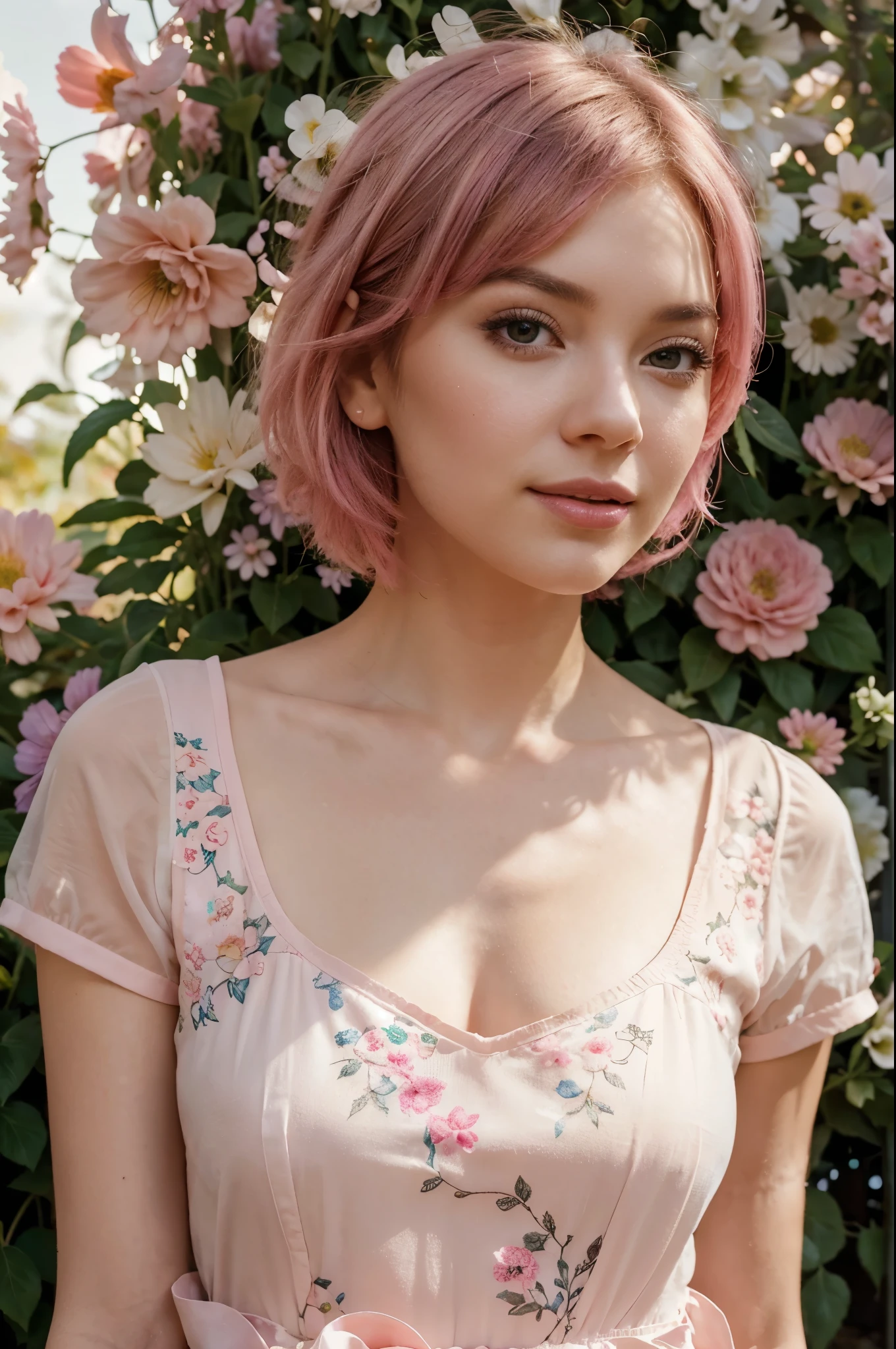 "Envelop the influencer in a whimsical garden of colorful flowers, creating a magical backdrop. Use soft lighting to accentuate the dreamy atmosphere, and ensure that the pink highlights in her short hair complement the vibrant hues of the floral surroundings, adding a touch of individuality and charm."