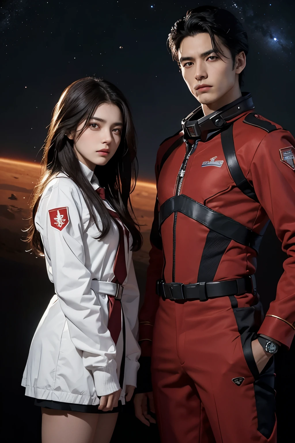 One handsome man and one beautiful woman. The two are in their early twenties. The two are looking at the camera with angry expressions. Both men are wearing red SS uniforms. Images of Mars and outer space appear in the space behind them.The man has black hair and the woman has dark brown hair.