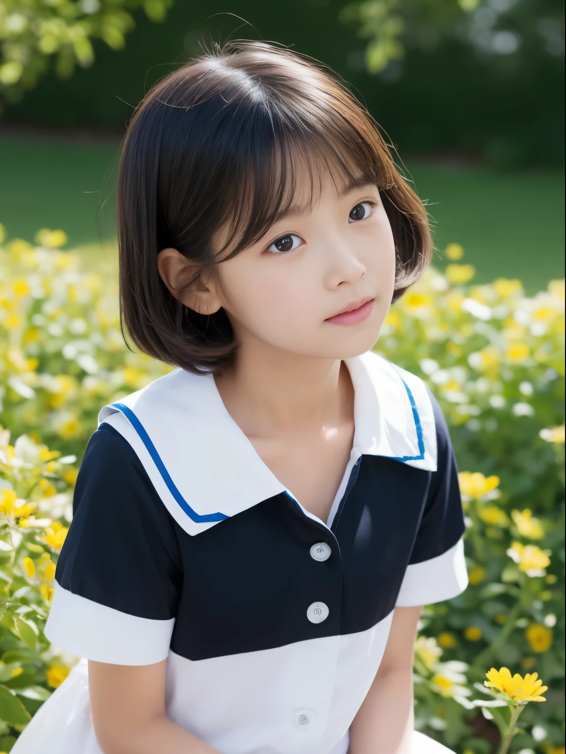 8k,,beautiful elementary shair,detailed beautiful face,very short pants, flower garden,very strong wind,hair blowing in the wind,sit on the butt,Decolletage