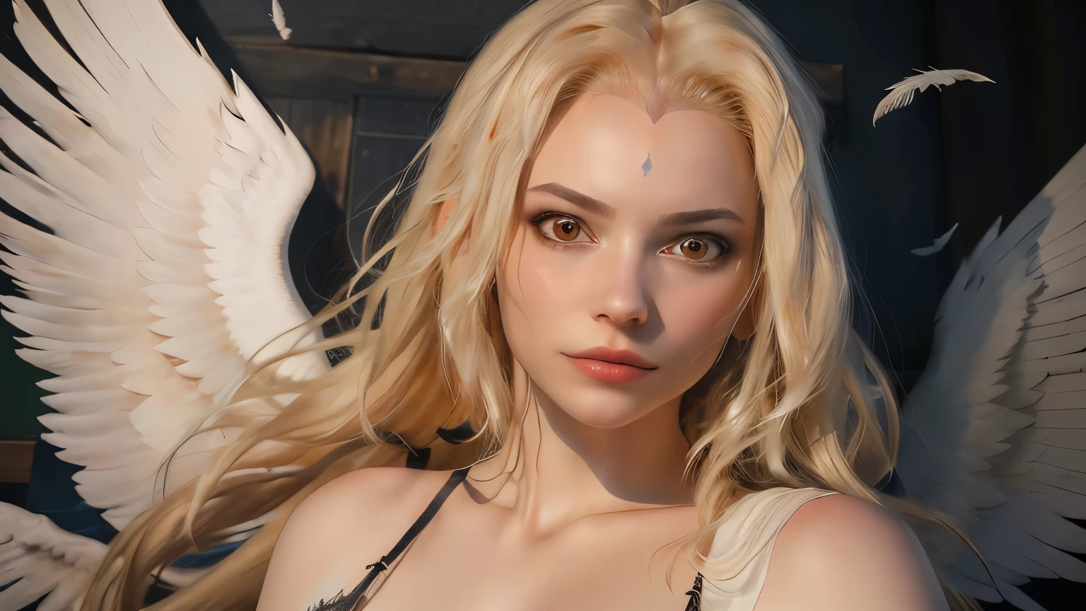 Ultra-detailed complex 3D rendering of the face, (Colossal: 8.8), (masterpiece, top quality, octane rendering, 8K), glamour shot full body image, cleavage, (highly detailed skin: 1.2), (exposure: 1.1), (blonde), (wearing a plummet tank top of gold silk: 1.5)), blonde hair, beautiful Caucasian woman with full soft breasts and white skin, one with big ass, long braided hair, big breasts, dynamic angle, mystical expression, ultra-realistic photography, (((((portrait))), bare feet, futuristic city background, facial muscles, detailed and beautiful queen tiara, in the style of Marvel Comics, clear focus, studio photography, intricate details, highly detailed, detailed yellow eyes, sharp focus, digital rendering, professional, abs, ((((Sexy Pose))), Natural Jungle, Open Mouth Lightly, Mansuji, Crotch Open, Seductive Look, Angel Ring, Detailed Angel Wings, Angel Ring, Detailed Mouth, Detailed Jewelry Necklace,