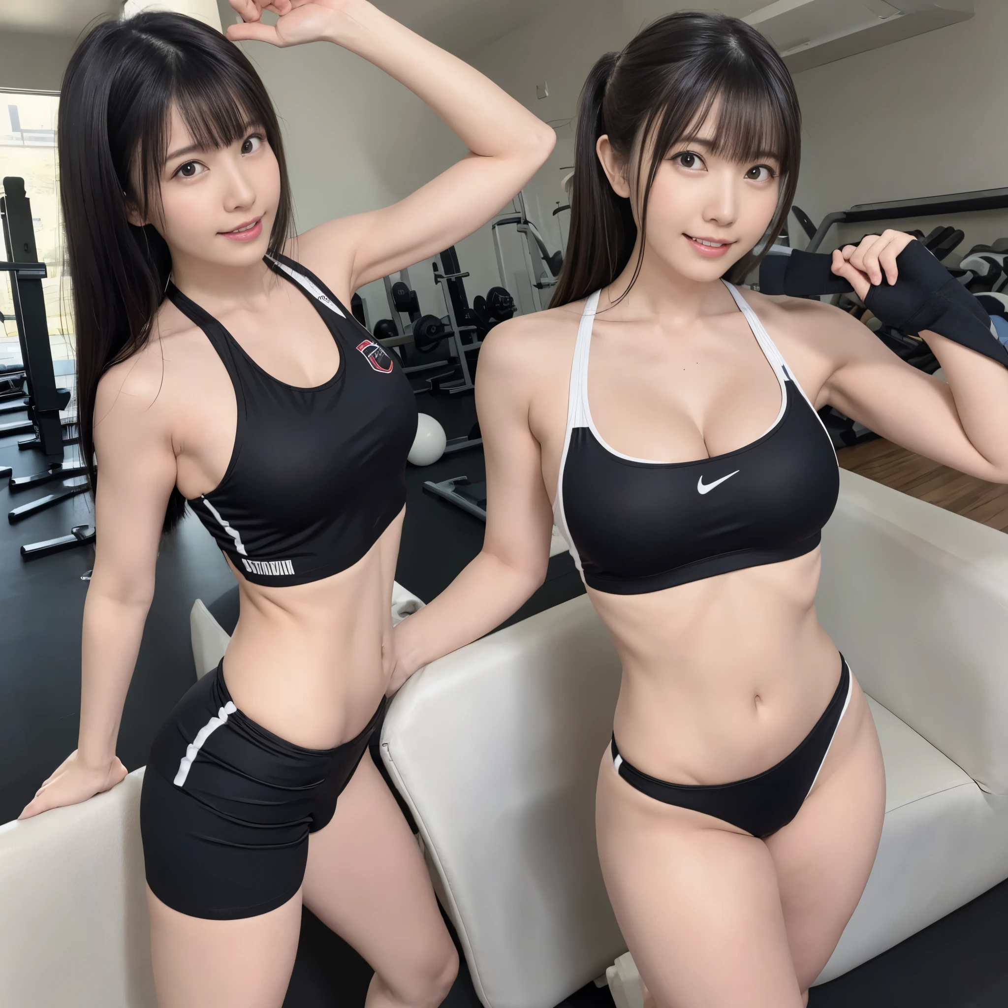 (black hair、gym uniform、ass、hip line、Small size high leg bikini pants、sleeveless、Tank top、from behind)、professional lighting、slender、belly button、inside the gym、adult woman、big breasts、big ass、cleavage、Are standing、seductive thighs、Looking at me with a big smile、beautiful teeth alignment、short socks、tennis shoes、leaning forward、