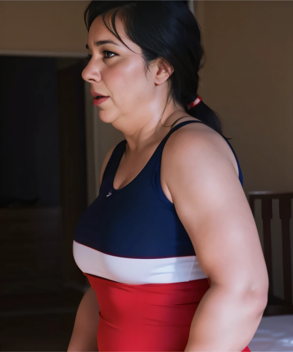 woman in a red and white dress standing in a room, sandra chevier, her face flushing and sweat, view from the back, she has a jiggly fat round belly, karla ortiz, side shot, swollen muscles, shot from the side, sport bra and dark blue shorts, hot fire giantess, middle shot waist up, wearing tight shirt