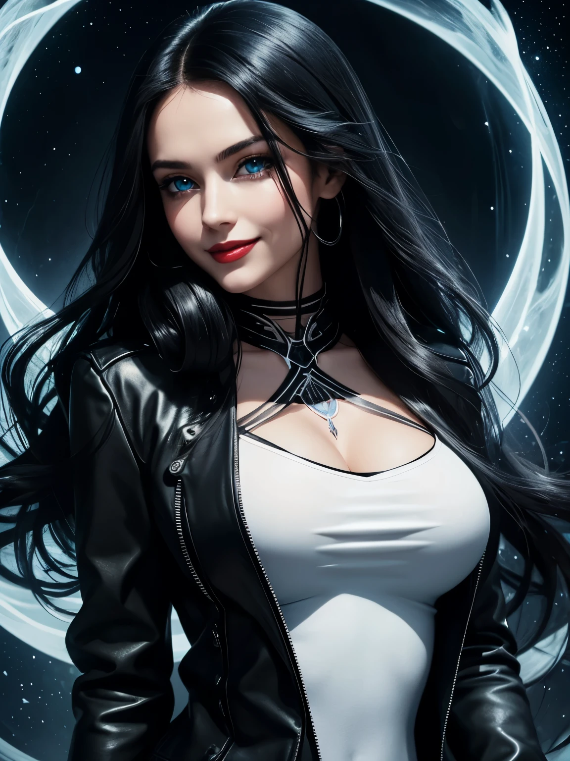 Portrait, beautiful woman with long flowing black hair, wearing a black biker jacket with a white shirt underneath, hourglass figure, symmetrical figure, highly detailed face, beautiful face, calming blue eyes, lush red lips, smiling, alluring, stunning digital illustration, glow in the dark road environment, cosmic elements and ethereal atmosphere