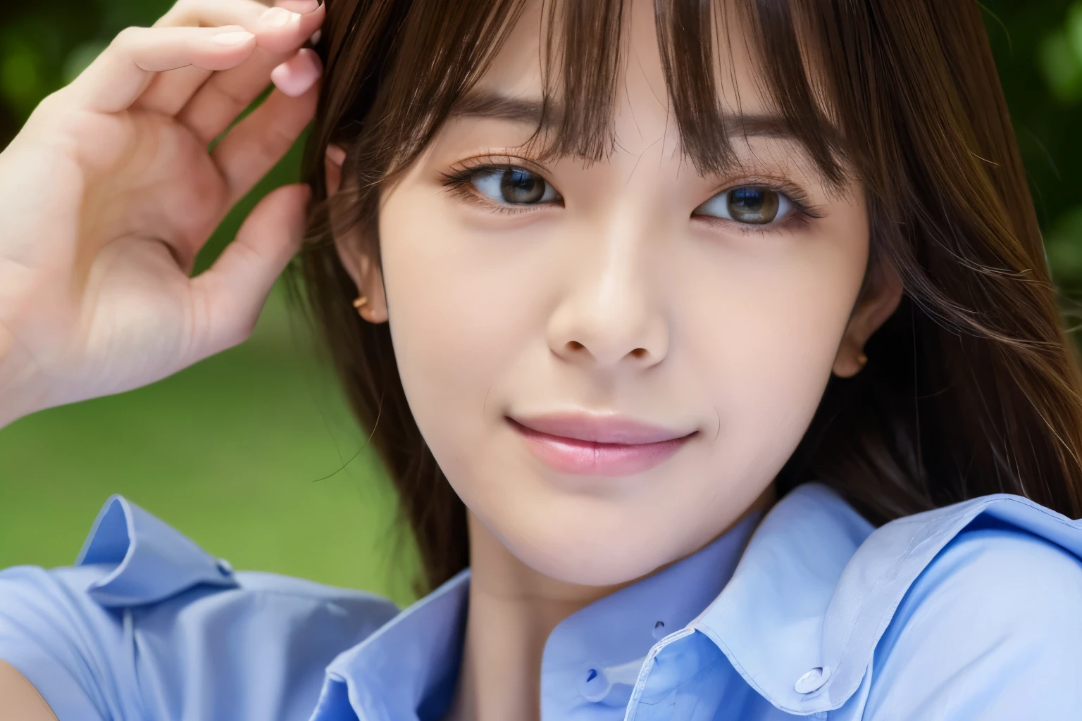 8K raw photo，High resolution，very tight chest，C cup breasts，low chest，chest circumference，grumpy smile，Nice bright blonde hair，ribbon，Blue Button Down Shirt，blue tops，Dark blue skinny shirt，skirt，30 year old beautiful woman，face round，baby face，very small lips，Beautiful face in every detail，long eyelashes，beautiful double eyelids， Sanpaku eyes，duck mouth，blunt bangs，upper body photo，The background is a resort area
