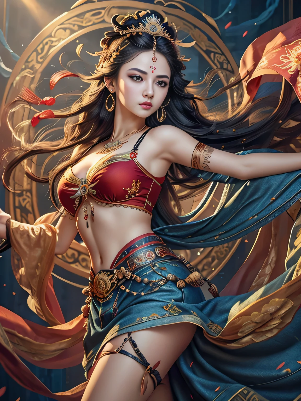 Best Quality, Masterpiece, Ultra-Detailed High Resolution, (Realistic: 1.4), Original Photo, , Illustration, 1 Girl, Handheld Weapon, (Solo Exhibition: 1.2), (Denim Lens: 1.2), (Hair Crown: 1.2), Chinese Dunhuang Traditional Costume, No Straps, (Red Eyeliner: 1.2), (Black Eyes: 1.4), Earrings, Dynamic Angle, Opera House, messy_long_hair, Ink, Movie Lights, lens_flare, Velvet, Chrysanthemum, Tassels, Ribbon, colorful embroidery, upper body, facing the camera, dynamic pose, large chest, embroidered cloth shoes