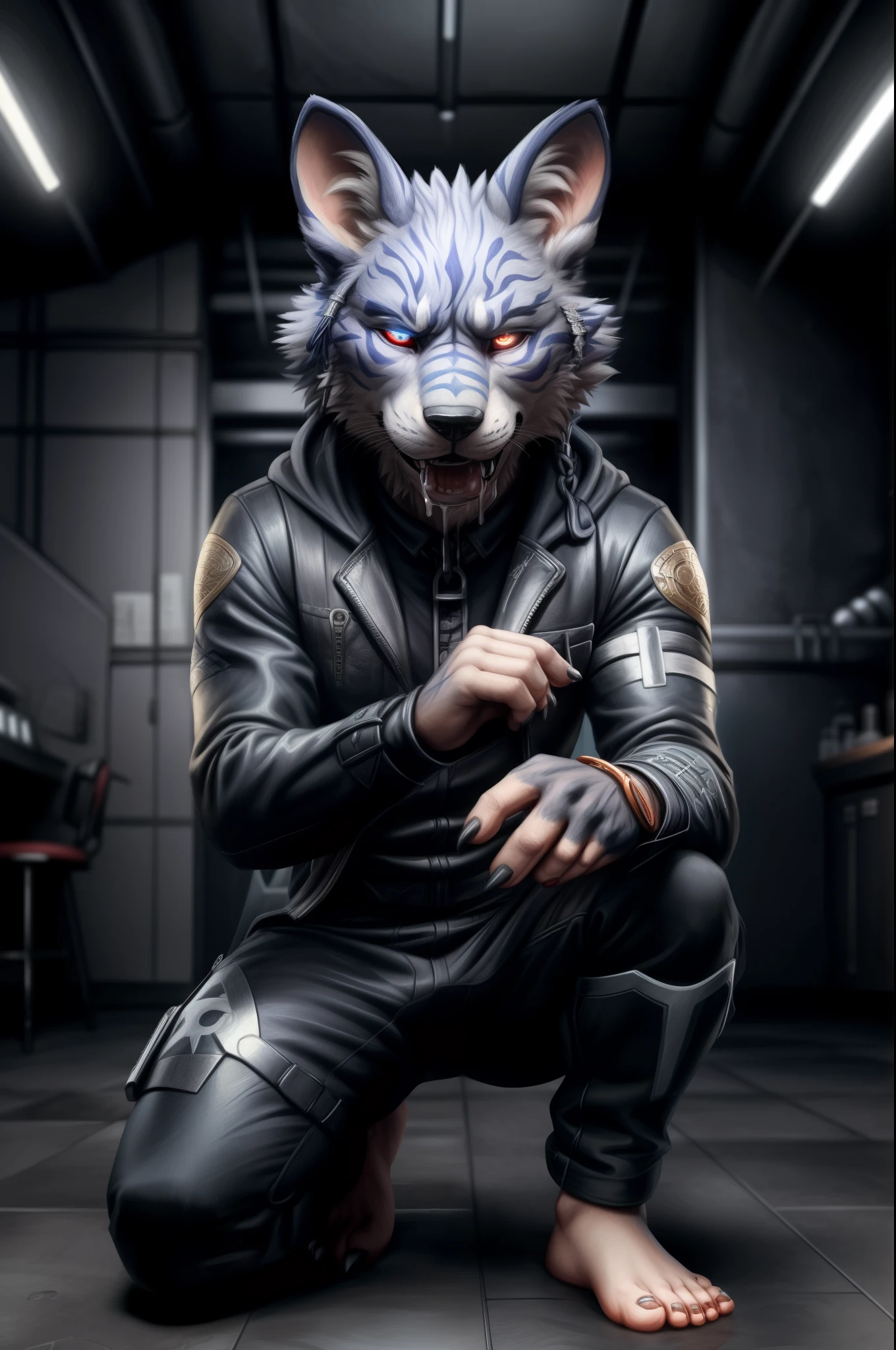 (((Barefoot furry character, full body, cinematic setting, furry male)))
(((single image)))
Barefoot (hypnotised) WereGarurumon wears ((black ninja suit)), get down on one knee as if praying, detailed paws with claws, blue fur, in a trance, a look of weak resistance to hypnosis on his face, holding head as if he have headache, (drooling), ((red glow in his eyes)),
BREAK, detailed background (modern lab), 8K, (masterpiece:1.5), intricate details, highly detailed, extreme detail, octane render, fine art, best quality, highres, (detailed face:1.5), ((full_body)), UHD, (((perfect hands)))