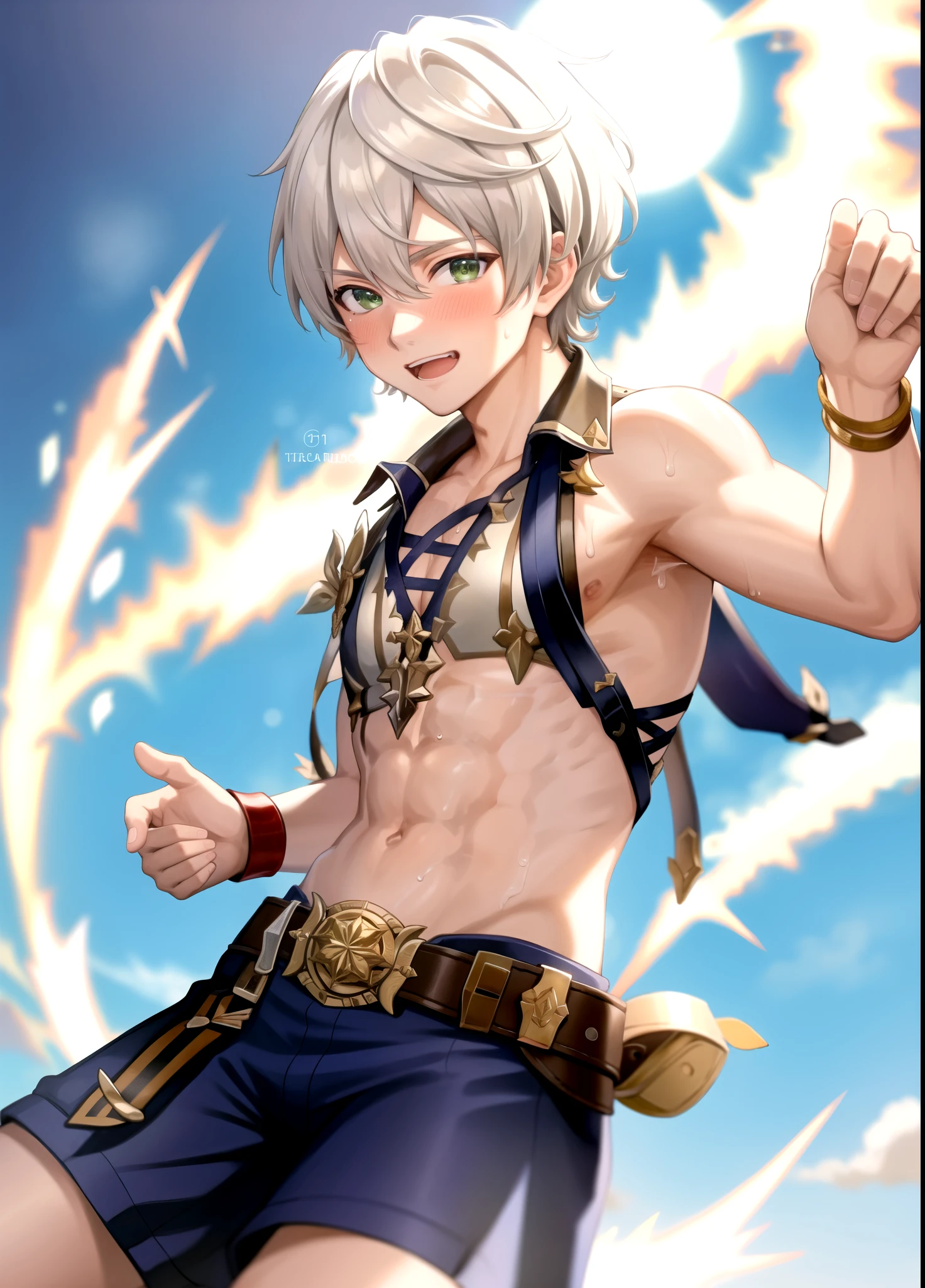 masterpiece, best quality, highres, high quality, 1boy, solo, male focus, looking at viewer, upper body, hair, realistic, Bennet, green eyes, (( chiseled abs, sweating))