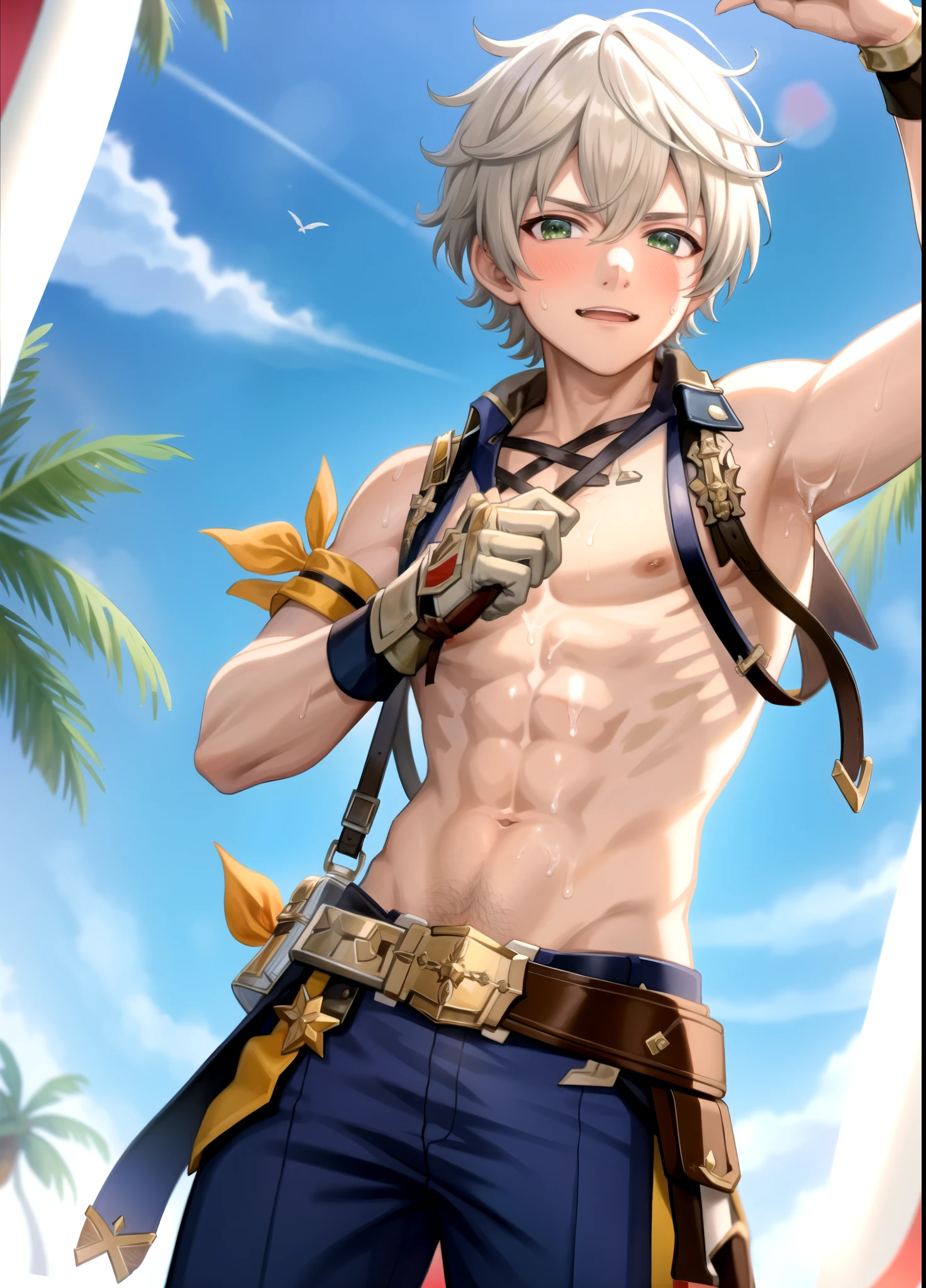 masterpiece, best quality, highres, high quality, 1boy, solo, male focus, looking at viewer, upper body, hair, realistic, Bennet, green eyes, (( chiseled abs, sweating))