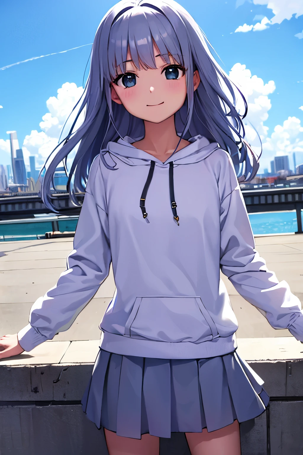 Cabello largo plateado, ojos verdes, headband, hoodie, skirt, flat breast, sonrisa, happy, muslos hermosos, city river, sky blue, deshabitado