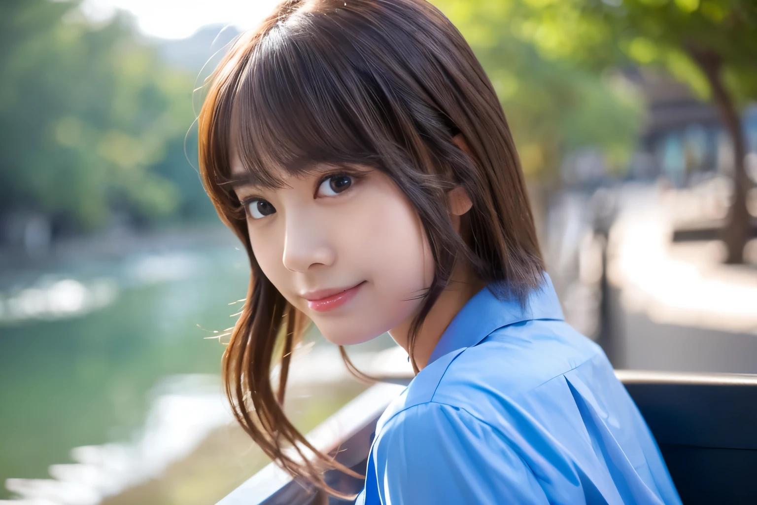 8K raw photo,High resolution,very tight chest,C cup breasts,low chest,chest circumference,grumpy smile,Nice bright blonde hair,ribbon,Blue Button Down Shirt,blue tops,Dark blue skinny shirt,skirt,30歳の美しいtwo women,face round,,very small lips,Beautiful face in every detail,long eyelashes,beautiful double eyelids, Sanpaku eyes,duck mouth,blunt bangs,upper body photo,The background is a resort area, two women