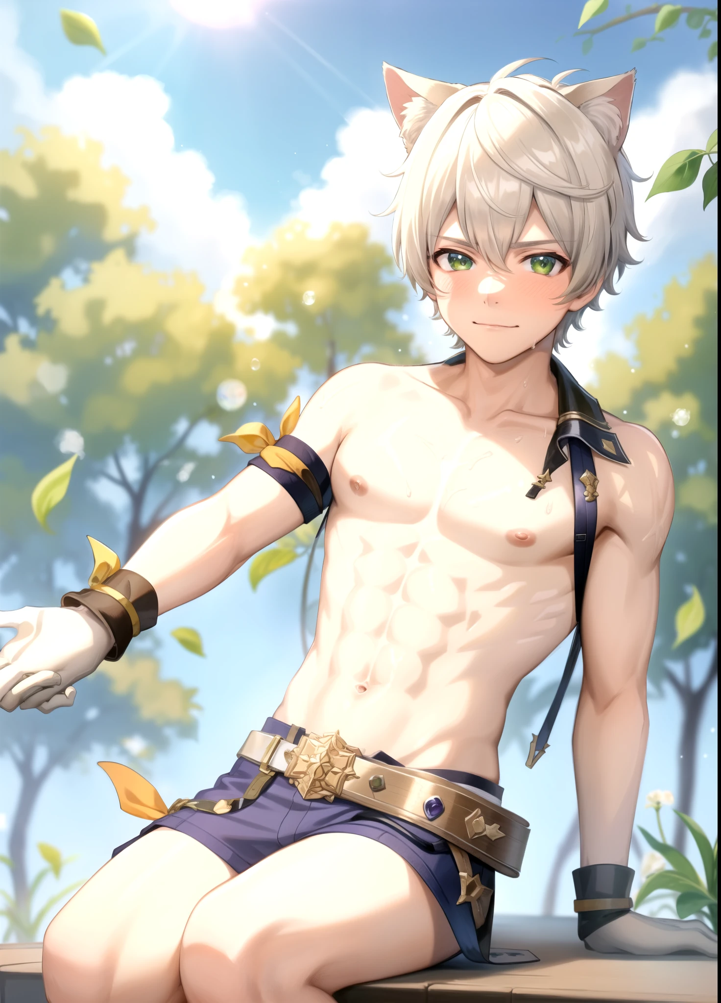 masterpiece, best quality, highres, high quality, 1boy, solo, male focus, looking at viewer, upper body, hair, realistic, Bennet, green eyes, ((cat ear, naked, chiseled abs, sweating))