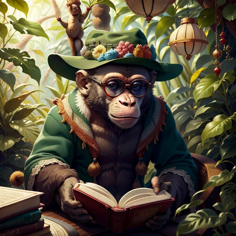 monkey with hat and glasses in the rainforest reading a book