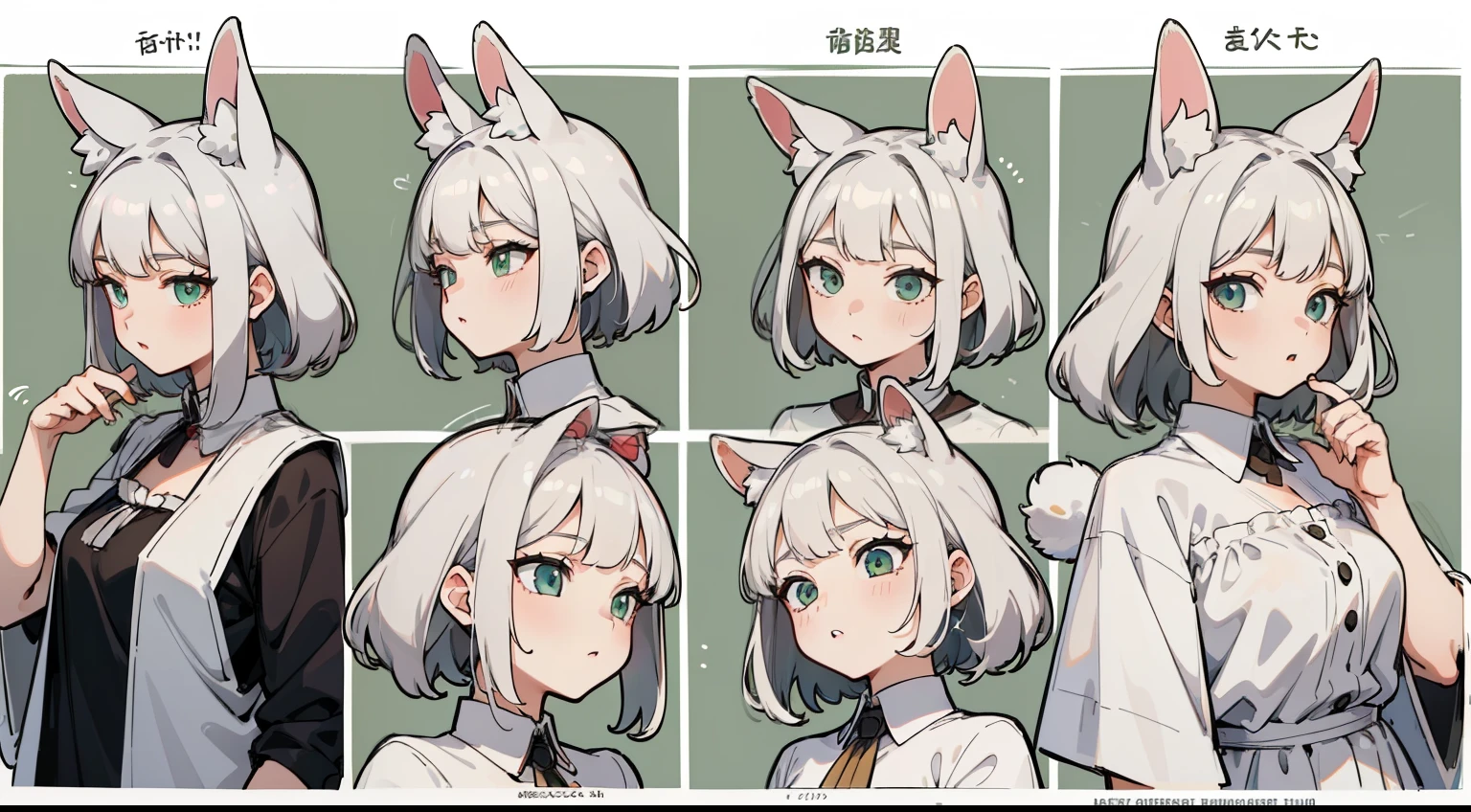 ((Masterpiece, Highest quality)), ((Tsurime)),Detailed face, character sheets, full bodyesbian, 1boys,shoun，children's，Babe，green eyes, White hair, medium hair , hair between eye,Black loose blouse, Full of details, Multiple poses and expressions, Highly detailed, Depth, Many parts a graceful wild rabbit girl with silver hair, sparkling eyes, delicate skin, crimson lips, furry ears, fluffy tails,