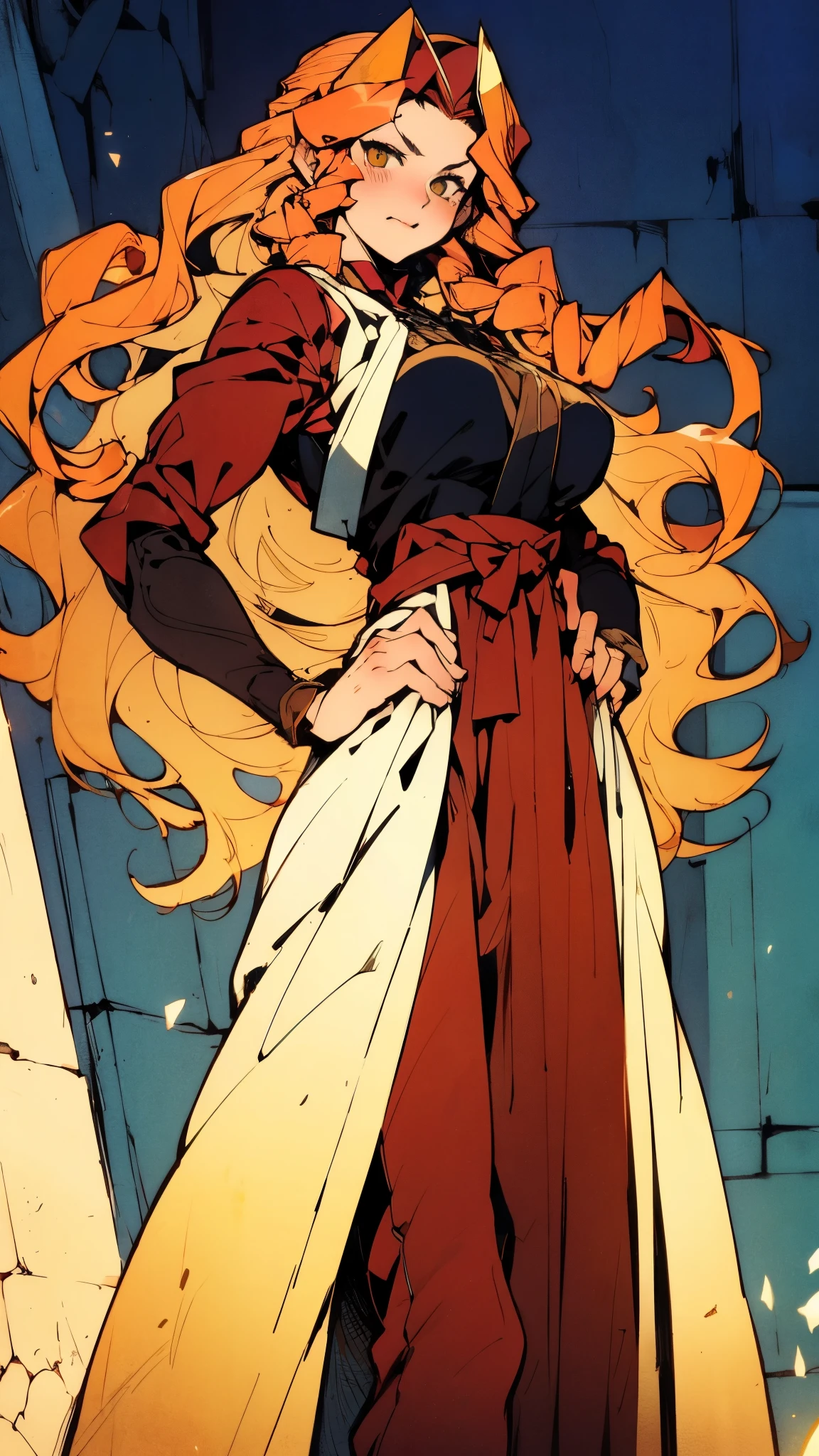 ((A girl with long deep red wavy hair)), slender upturned eyebrows, sharp eyes, delicate features, ((a mix of Central Asian and European facial characteristics)), a hint of a smile at the corner of her mouth, exuding confidence, her figure is svelte, ((a fantasy-style long dress designed for both ease of movement and regal elegance, loose and comfortable trousers that match the outfit for ease of movement, red and white as the main color, complemented by yellow accents)), proudly standing with hands on hips, the scene is set in a majestic fantasy-style ancient city that melds Chinese and Japanese architectural influences, this character embodies a finely crafted fantasy wuxia-style female warrior in anime style, exquisite and mature manga art style, perfect nose, perfect mouth, perfect eyes, perfect hair, Perfect skin, textured skin, detailed skin, porcelain skin, high definition, best quality, highres, ultra-detailed, ultra-fine painting, extremely delicate, professional, anatomically correct, symmetrical face, extremely detailed eyes and face, high quality eyes, creativity, RAW photo, UHD, 32k, Natural light, cinematic lighting, masterpiece-anatomy-perfect, masterpiece:1.5