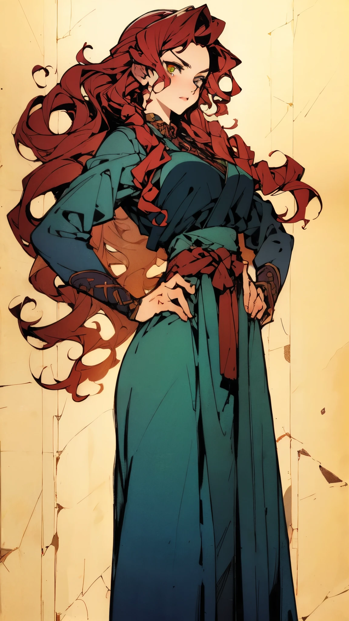 ((A girl with long deep red wavy hair)), slender upturned eyebrows, sharp eyes, delicate features, ((a mix of Central Asian and European facial characteristics)), a hint of a smile at the corner of her mouth, exuding confidence, her figure is svelte, ((a fantasy-style long dress designed for both ease of movement and regal elegance, loose and comfortable trousers that match the outfit for ease of movement, red and white as the main color, complemented by yellow accents)), proudly standing with hands on hips, the scene is set in a majestic fantasy-style ancient city that melds Chinese and Japanese architectural influences, this character embodies a finely crafted fantasy wuxia-style female warrior in anime style, exquisite and mature manga art style, perfect nose, perfect mouth, perfect eyes, perfect hair, Perfect skin, textured skin, detailed skin, porcelain skin, high definition, best quality, highres, ultra-detailed, ultra-fine painting, extremely delicate, professional, anatomically correct, symmetrical face, extremely detailed eyes and face, high quality eyes, creativity, RAW photo, UHD, 32k, Natural light, cinematic lighting, masterpiece-anatomy-perfect, masterpiece:1.5