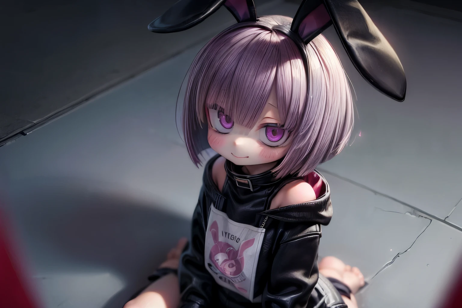 ((Masterpiece)), (Anime:1.3), ((best quality)), (RAW photo: 1.2), (High Definition:1.3), (Professional Photography:1.2), (12 years old), from above, wide shot, Textured skin, cinematic lighting, ((Cute teenage Beautiful Girl)), ((Black bunny ears)), BREAK, ((best quality)), unruly hair, (medium bob), (purple color hair), glowing Purple eyes, (Crazy Eyes), very blush, Big purple eyes, Open your mouth wide, (crazy smile), BREAK, Pretty oversized pink hoodie, bloody, Tattered short trousers of jeans fabric, (the floor is wet with a blood), Sitting on the floor, Eerie and inorganic white concrete room,
