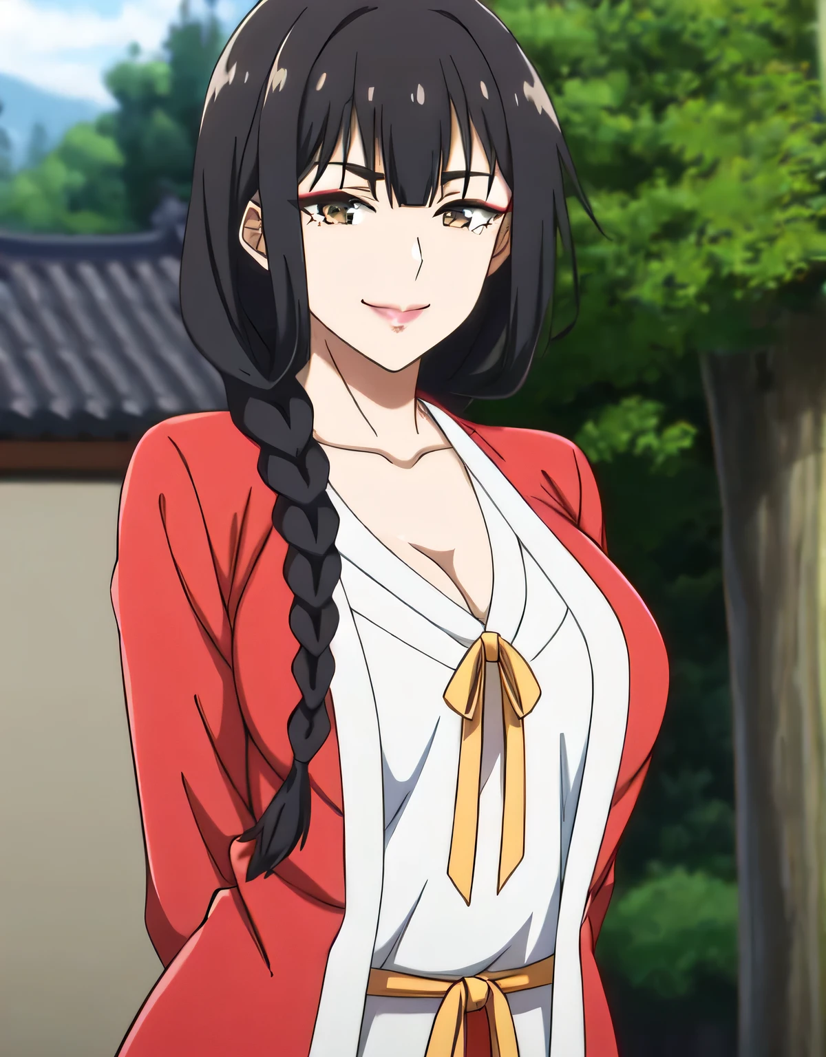 Taoyao,kind,(big breasts:1.5),looking at the viewer,Are standing,(((masterpiece))),((highest quality)),perfect anatomy,8k UHD,highly detailed face,shiny and glossy,((1 girl)),((alone)),(detailed and beautiful eyes:1.5),perfect image,(Upper body:1.1),(look ahead:1.1),turn your arms behind your back,slim waist,(shiny hair),super detailed,disorganized,outdoors,(sensitive smile:1.1),twin Braid, Braid, long hair,compensate, red lips, brown eyes,red coat, white shirt, yellow chest strap, red pants,long sleeve,