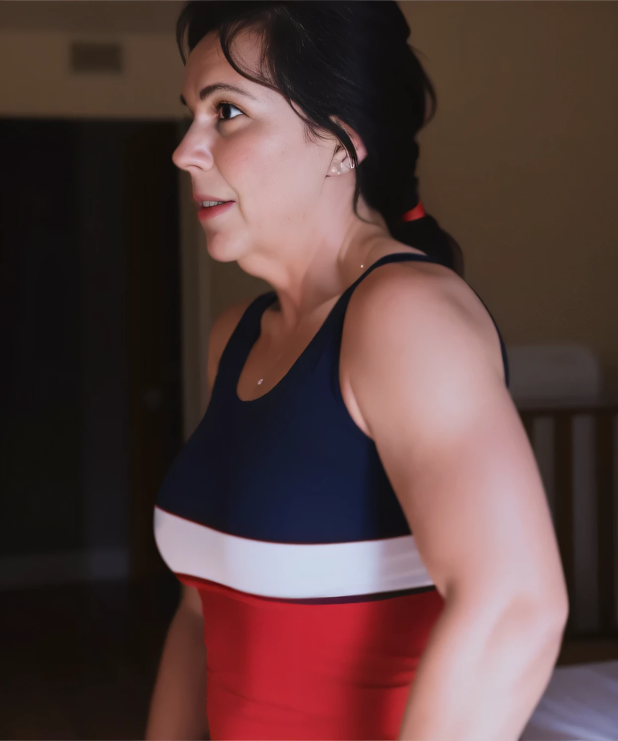woman in a red and white dress standing in a room, her face flushed and sweating, seen from behind, she has a thin flat stomach, side photo, fit girl, side photo, sports bra and dark blue shorts, fire giant hot, waist up, wearing tight shirt, high resolution, high quality, masterpiece, 8k.