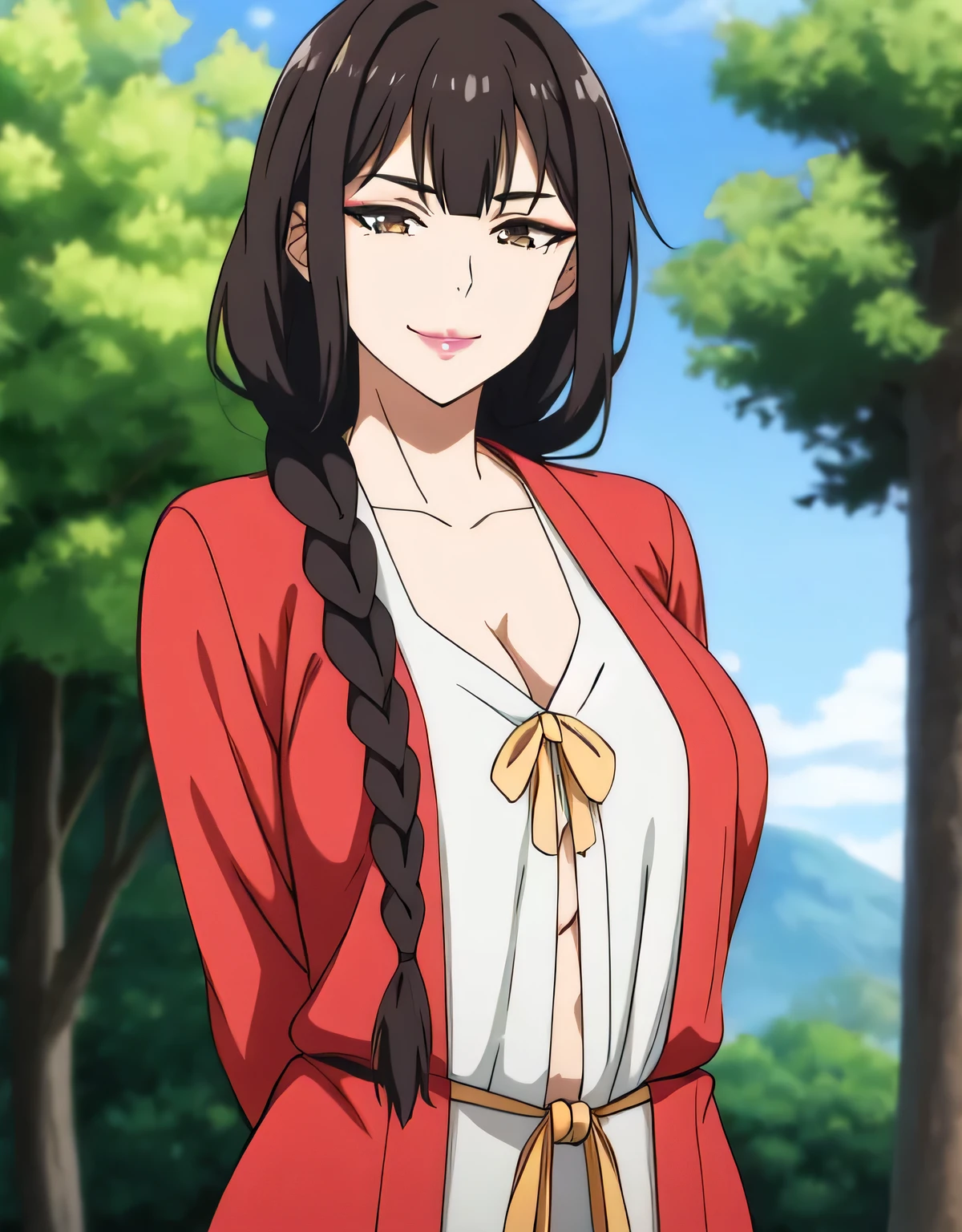 Taoyao,kind,(big breasts:1.5),looking at the viewer,Are standing,(((masterpiece))),((highest quality)),perfect anatomy,8k UHD,highly detailed face,shiny and glossy,((1 girl)),((alone)),(detailed and beautiful eyes:1.5),perfect image,(Upper body:1.1),(look ahead:1.1),turn your arms behind your back,slim waist,(shiny hair),super detailed,disorganized,outdoors,(sensitive smile:1.1),twin Braid, Braid, long hair,compensate, red lips, brown eyes,red coat, white shirt, yellow chest strap, red pants,long sleeve,(dark brown hair:1.1),