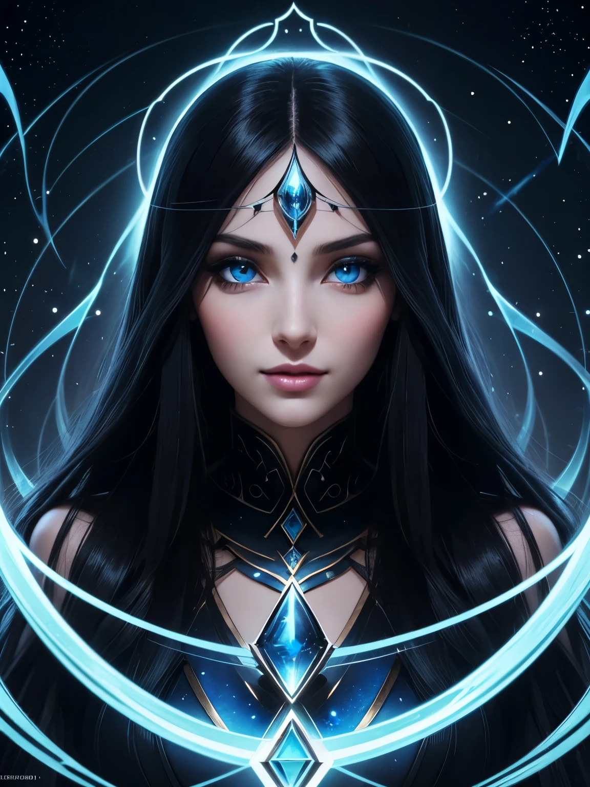 Portrait, beautiful sorceress with long flowing black hair, staring deep into your eyes with her mesmerizing blue eyes, hourglass figure, symmetrical figure, highly detailed face, beautiful face, lush lips, smiling, alluring, stunning digital illustration, 8k cosmic elements and ethereal atmosphere