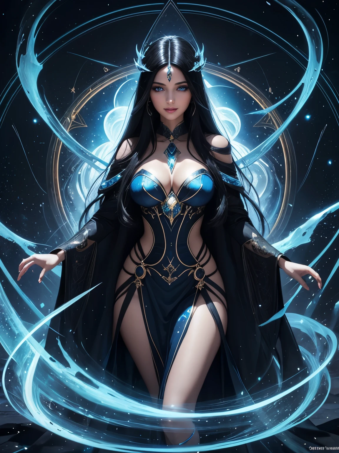 Portrait, beautiful sorceress with long flowing black hair, staring deep into your eyes with her mesmerizing blue eyes, hourglass figure, symmetrical figure, highly detailed face, beautiful face, lush lips, smiling, alluring, stunning digital illustration, 8k cosmic elements and ethereal atmosphere