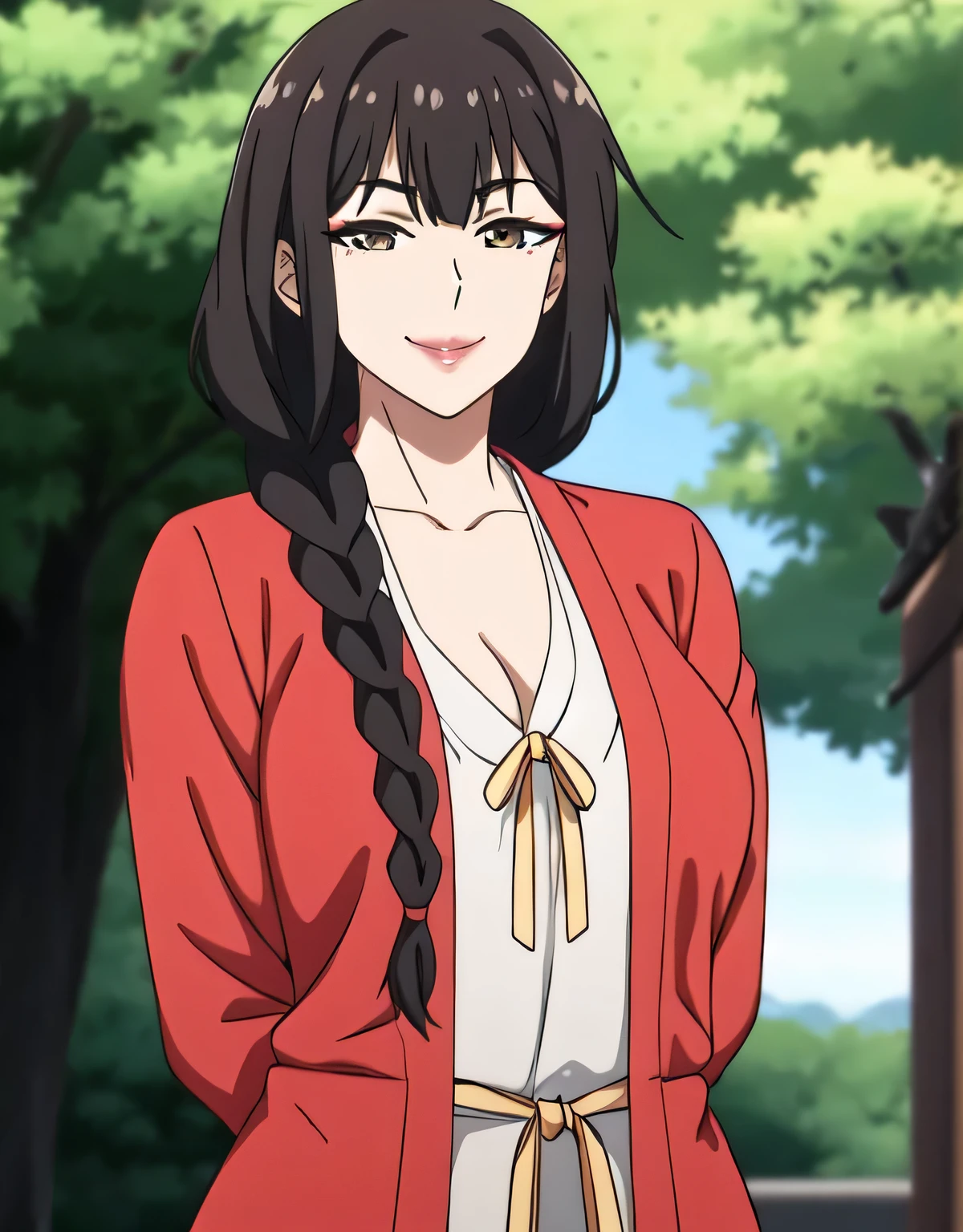 Taoyao,kind,(big breasts:1.5),looking at the viewer,Are standing,(((masterpiece))),((highest quality)),perfect anatomy,8k UHD,highly detailed face,shiny and glossy,((1 girl)),((alone)),(detailed and beautiful eyes:1.5),perfect image,(Upper body:1.1),(look ahead:1.1),turn your arms behind your back,slim waist,(shiny hair),super detailed,disorganized,outdoors,(sensitive smile:1.1),twin Braid, Braid, long hair,compensate, red lips, brown eyes,red coat, white shirt, yellow chest strap, red pants,long sleeve,(dark brown hair:1.1),