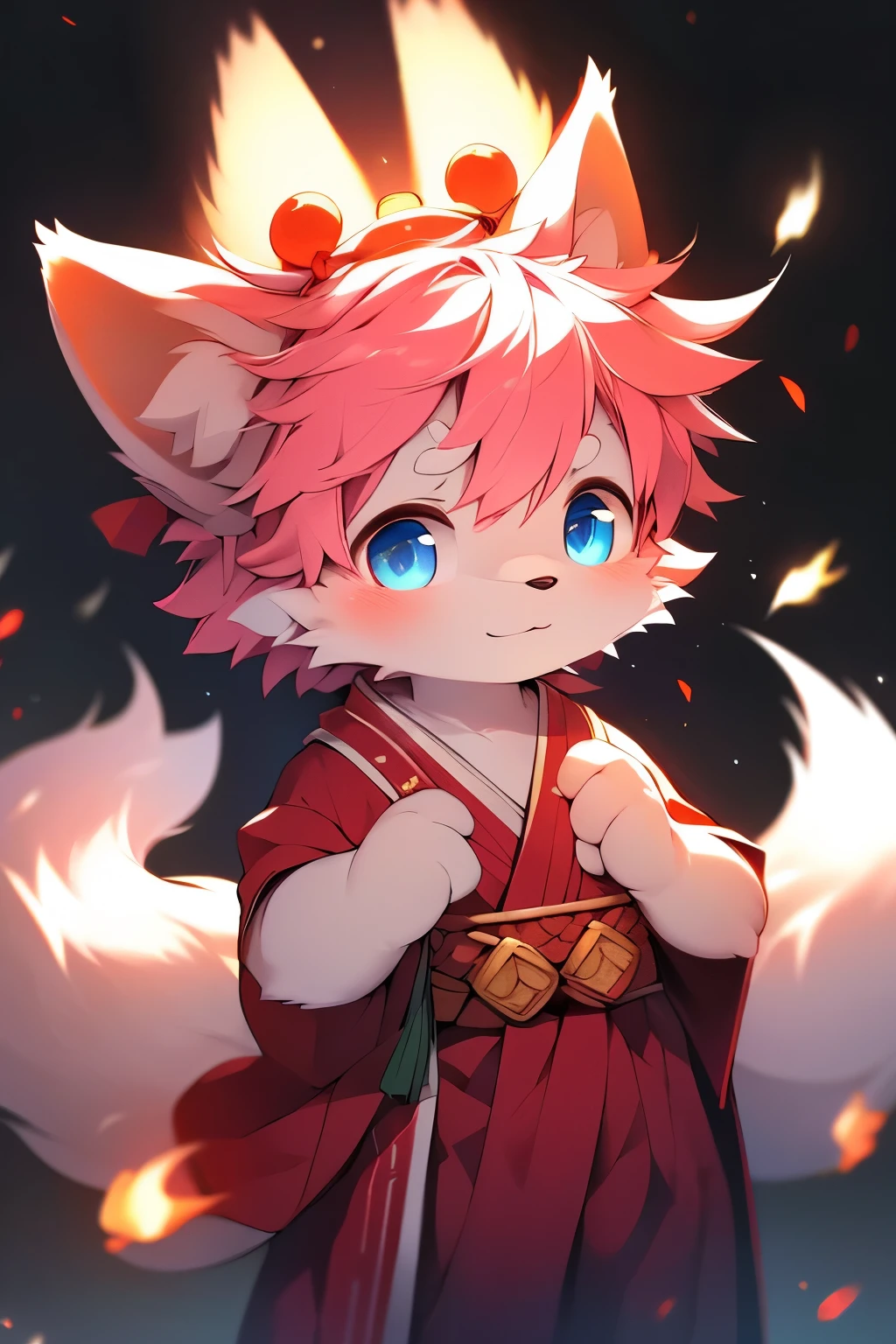 (ultra-detailed, realistic, highres), fluffy fox with pink hair and blue eyes, wearing a cute shrine maiden outfit, using fire magic as an element, appeasing the creatures in front of a shrine, male, adorable paws, single person, character-focused, simple background, white fur, a fluffy tail, cute face, tsundere attitude.
