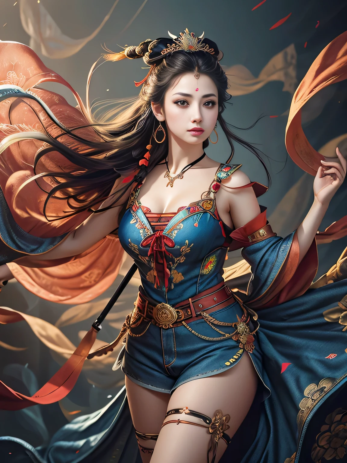 Best Quality, Masterpiece, Ultra-Detailed High Resolution, (Realistic: 1.4), Original Photo, , Illustration, 1 Girl, Handheld Weapon, (Solo Exhibition: 1.2), (Denim Lens: 1.2), (Hair Crown: 1.2), Chinese Dunhuang Traditional Costume, No Straps, (Red Eyeliner: 1.2), (Black Eyes: 1.4), Earrings, Dynamic Angle, Opera House, messy_long_hair, Ink, Movie Lights, lens_flare, Velvet, Chrysanthemum, Tassels, Ribbon, colorful embroidery, upper body, facing the camera, dynamic pose, large chest, embroidered cloth shoes