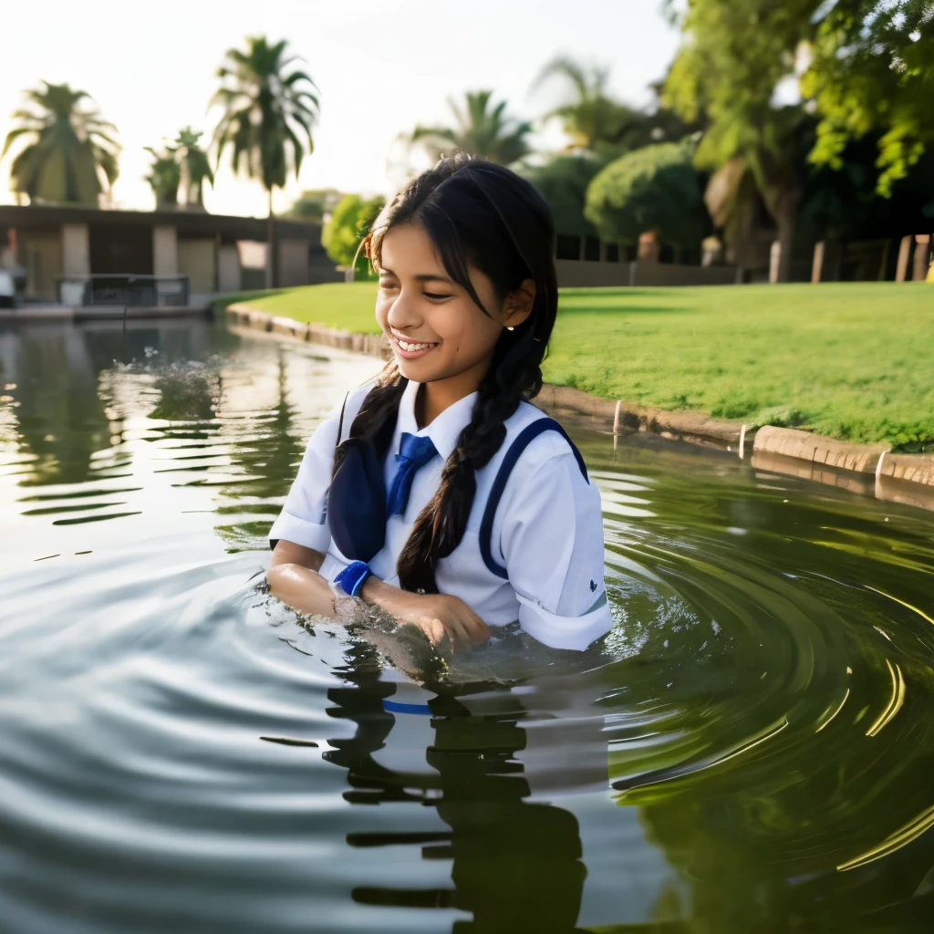 Indian school girl bathing in riverside