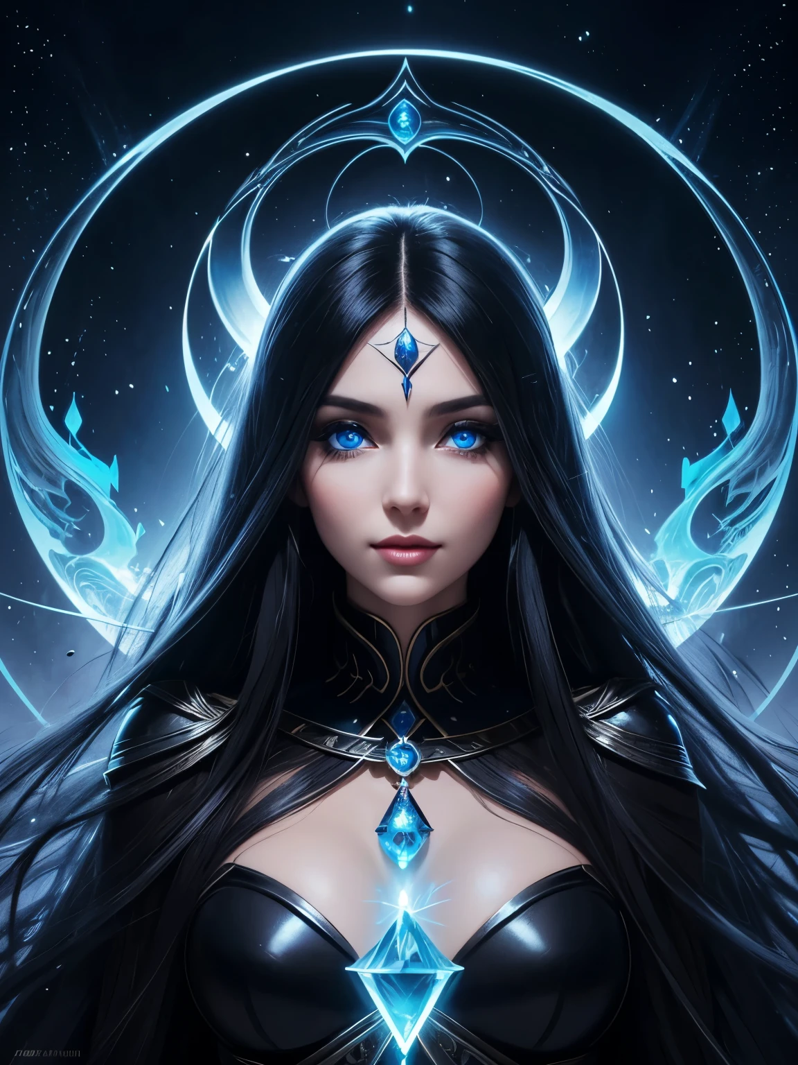 Portrait, beautiful evil sorceress with long flowing black hair, staring deep into your eyes with her mesmerizing blue eyes, hourglass figure, symmetrical figure, highly detailed face, beautiful face, lush lips, smiling, alluring, stunning digital illustration, 8k cosmic elements and ethereal atmosphere