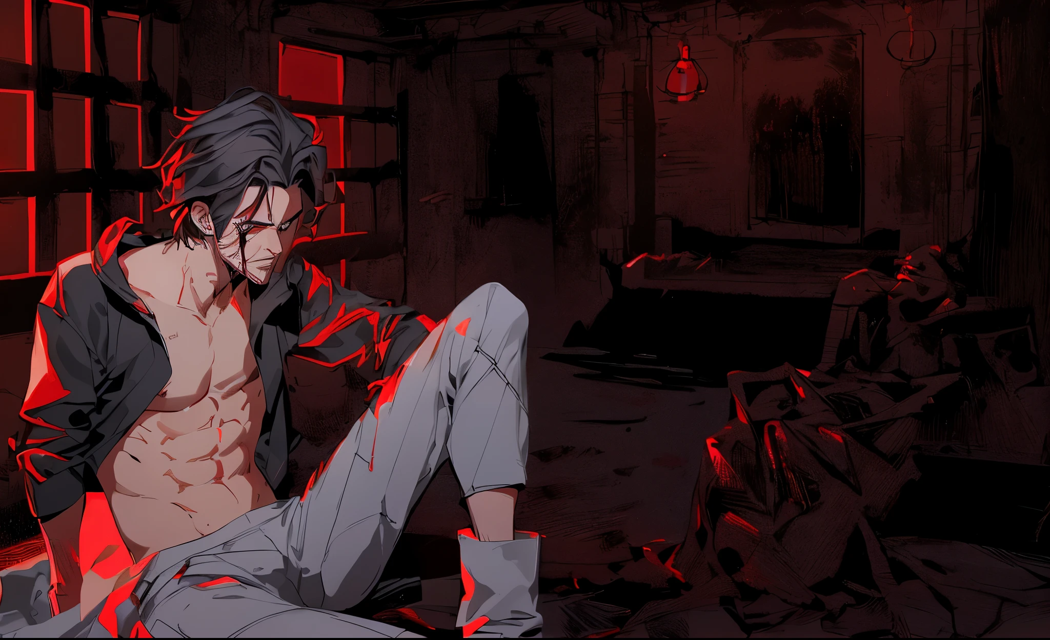 Portrait of man sitting on the ground,hands tied behind back,red light behind,An expression of hatred,blood,abdominal muscles,More refined light and shadow,youth,handsome guy,The background is a prison,More detailed background characterization,dimly lit scene,Red lighting,Torture chamber