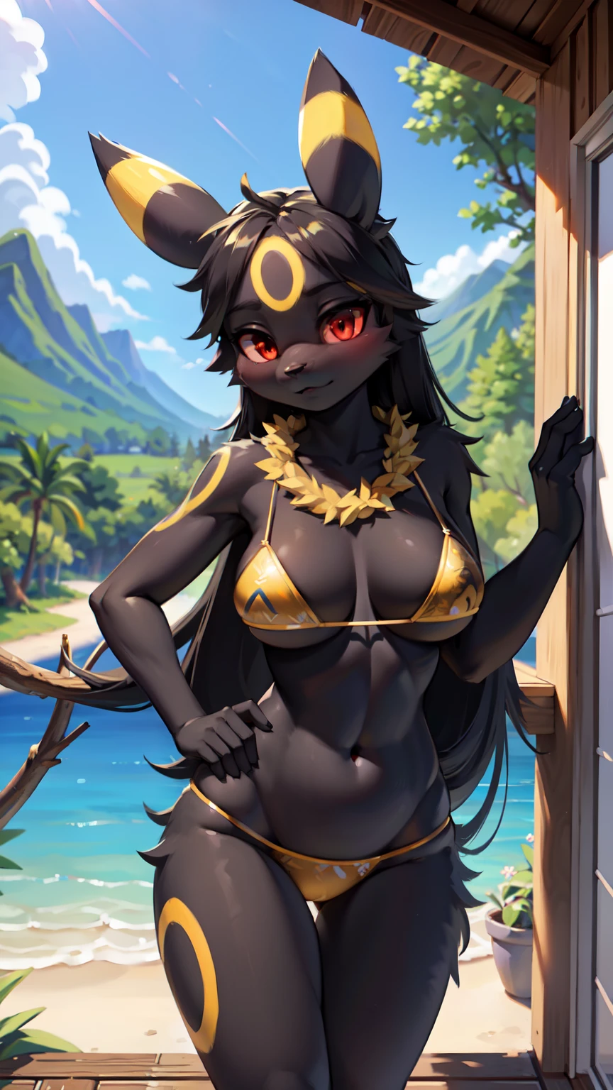 masterpiece, best quality,hdr,8k,1girl,furry female,forest
solo,high detail fur,cinema angle,8K,game CG,blue sky,hawaii bikini,hula-hula,garland
perfect lighting,looking at viewer,black long hair
Umbreon ,red eyes