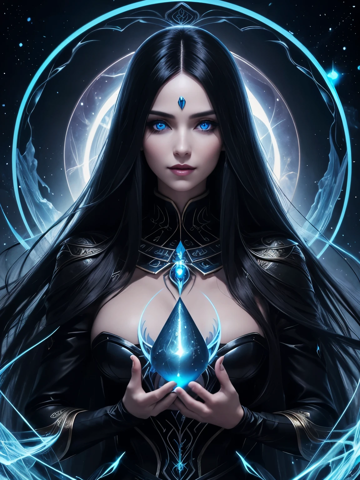 Portrait, beautiful evil sorceress with long flowing black hair, staring deep into your eyes with her mesmerizing blue eyes, casting a spell on you with her eyes, hourglass figure, symmetrical figure, highly detailed face, beautiful face, lush lips, smiling, alluring, stunning digital illustration, 8k cosmic elements and ethereal atmosphere