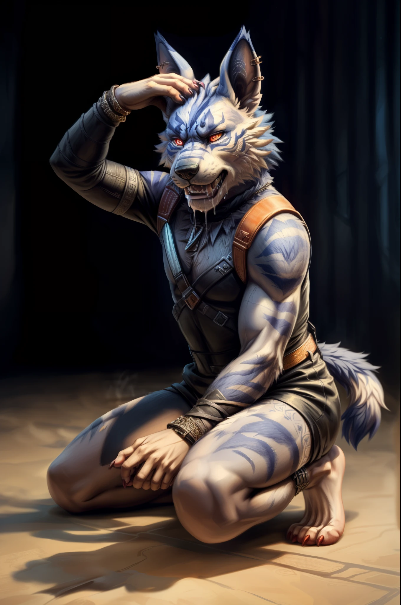 (((Barefoot furry character, full body, cinematic setting, furry male))) 

(((single image)))

Barefoot (hypnotised) WereGarurumon wears ((black ninja suit)), get down on one knee as if praying, detailed paws with claws, blue fur, in a trance, a look of weak resistance to hypnosis on his face, holding head as if he have headache,    (drooling), ((red glow in his eyes)),

BREAK, detailed background (modern lab), 8K, (masterpiece:1.5), intricate details, highly detailed, extreme detail, octane render, fine art, best quality, highres, (detailed face:1.5), ((full_body)), UHD, (((perfect hands)))