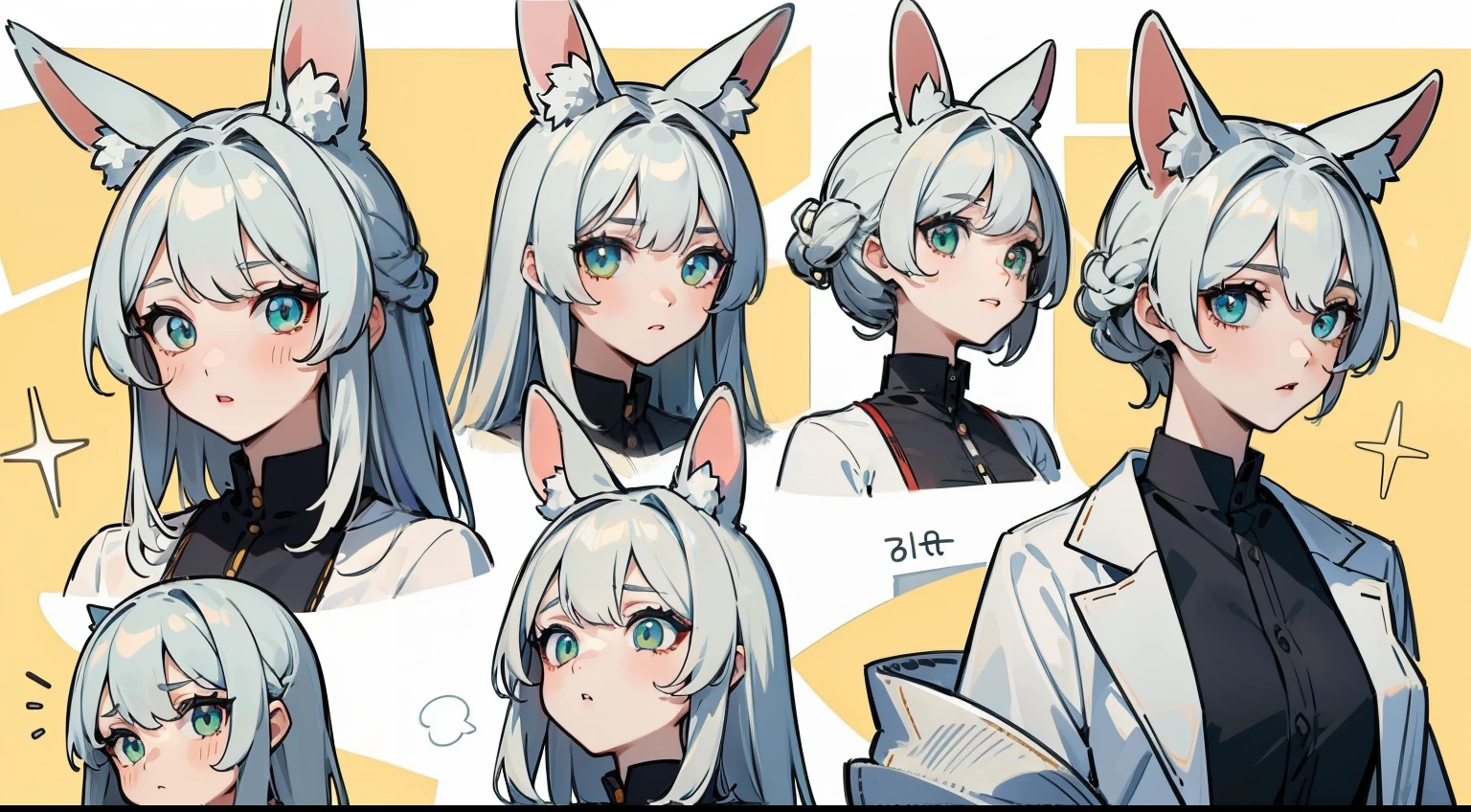 ((Masterpiece, Highest quality)), ((Tsurime)),Detailed face, character sheets, full bodyesbian, 1girls,shoun，children's，Babe，green eyes, White hair, medium hair , hair between eye,Black loose blouse, Full of details, Multiple poses and expressions, Highly detailed, Depth, Many parts a graceful wild rabbit girl with silver hair, sparkling eyes, delicate skin, crimson lips, furry ears, fluffy tails,