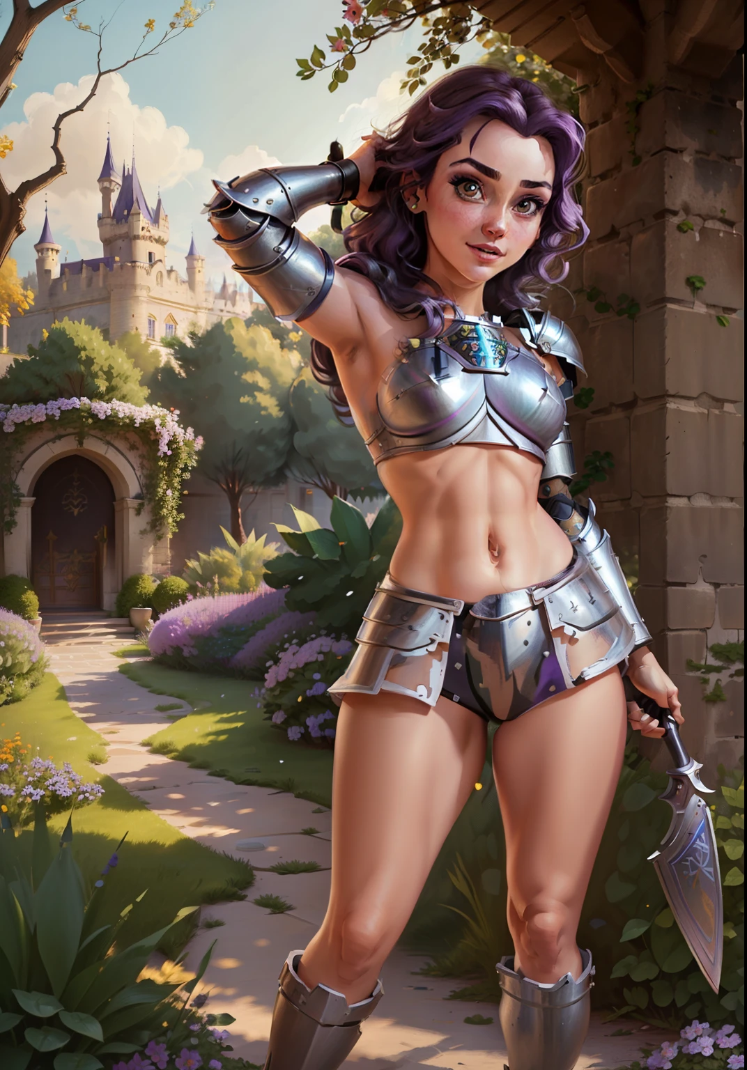 (BelleWaifu:1), (knight's armor:0.3), the garden in the background, surprised, cute, cute pose, (flirting), looking at the viewer, (square hairstyle), (purple hair), (metal knight crop top on naked body in prehistoric style:1.4), (sticks out her ass:1.2), (sparkling booty:1.4), :D, (realistic: 1), (cartoon), (masterpiece: 1.2), (best quality), (over-detailed), (8k, 4k, intricate), (full-length shot: 1), (cowboy shot: 1.2), (85mm), light particles, lighting, (very detailed: 1.2), (detailed face: 1), (gradients), sfw, colorful, (detailed eyes: 1.2), (detailed landscape, trees, garden, castle:1.2),(detailed background), detailed landscape, (dynamic angle:1.2), (dynamic pose:1.2), (rule third_composition:1.3), (line of action:1.2), wide view, daylight, solo