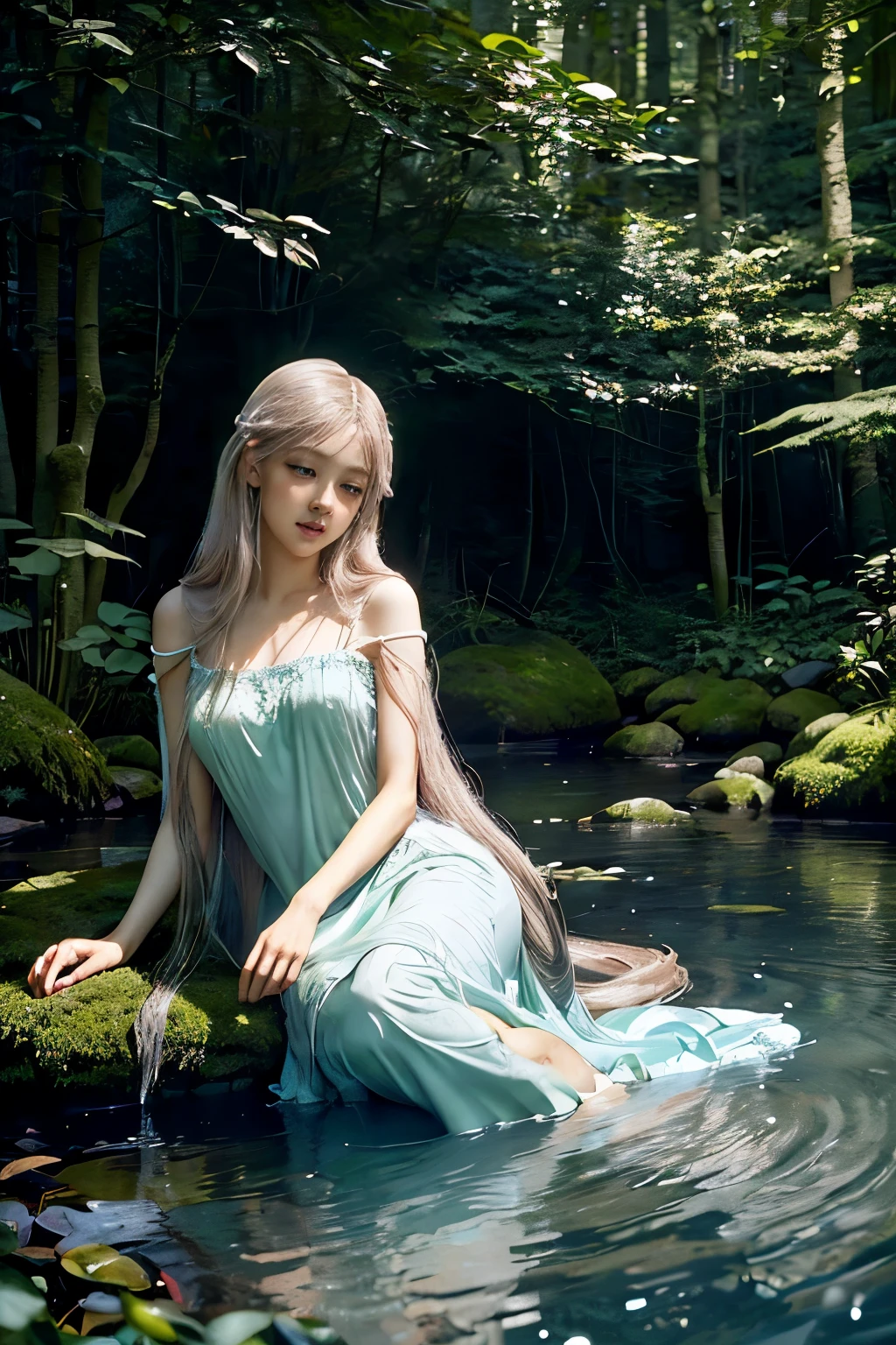 Rose from black pink, wearing medieval long cotton nightie clothes, (8k, Photorealistic, Photo RAW, Best quality: 1.4), (Ultra high realism), (Ultra high definition), (Ultra high detail), (Increase contrast), (Increase saturation), Beautiful face, (Realistic face), Beautiful hairstyle, Realistic bright amber eyes, Beautiful details, (Realistic skin), In a forest clearing, under the golden rays of sunset, she was like a fairy tale. Sitting by the stream, in a delicate nightgown, her feet dipped in the cool water, as if beckoning the whole world to her beauty and serenity. (magical, enchanting), (dreamy, ethereal) girl with (long flowing hair, flowing locks) and (bright, captivating) eyes, radiating a sense of (gracefulness, tranquility), her (soft, delicate) lips slightly curved in a serene smile. She exudes an air of elegance and mystery, surrounded by an aura of (magic, enchantment). The forest breathes with life, its (lush, verdant) greenery creating a vivid contrast against the warm hues of the setting sun. (Tall, majestic) trees reach for the sky, their branches embracing the light, casting (dappled, soft) shadows on the forest floor. The stream meanders through the clearing, its crystal-clear waters glistening in the fading light. Small pebbles and stones (smooth, polished) by years of flowing water line the streambed, creating a melody of trickling as the water cascades over them. The sound is soothing, a gentle lullaby that harmonizes with the serene atmosphere. The colors are (soft, muted), evoking a sense of nostalgia and serenity. The lighting is (subtle, gentle), casting a warm glow that illuminates the scene with a touch of (romance, enchantment). (best quality, 4k, highres:1.2), ultra-detailed, (realistic, photorealistic:1.37)